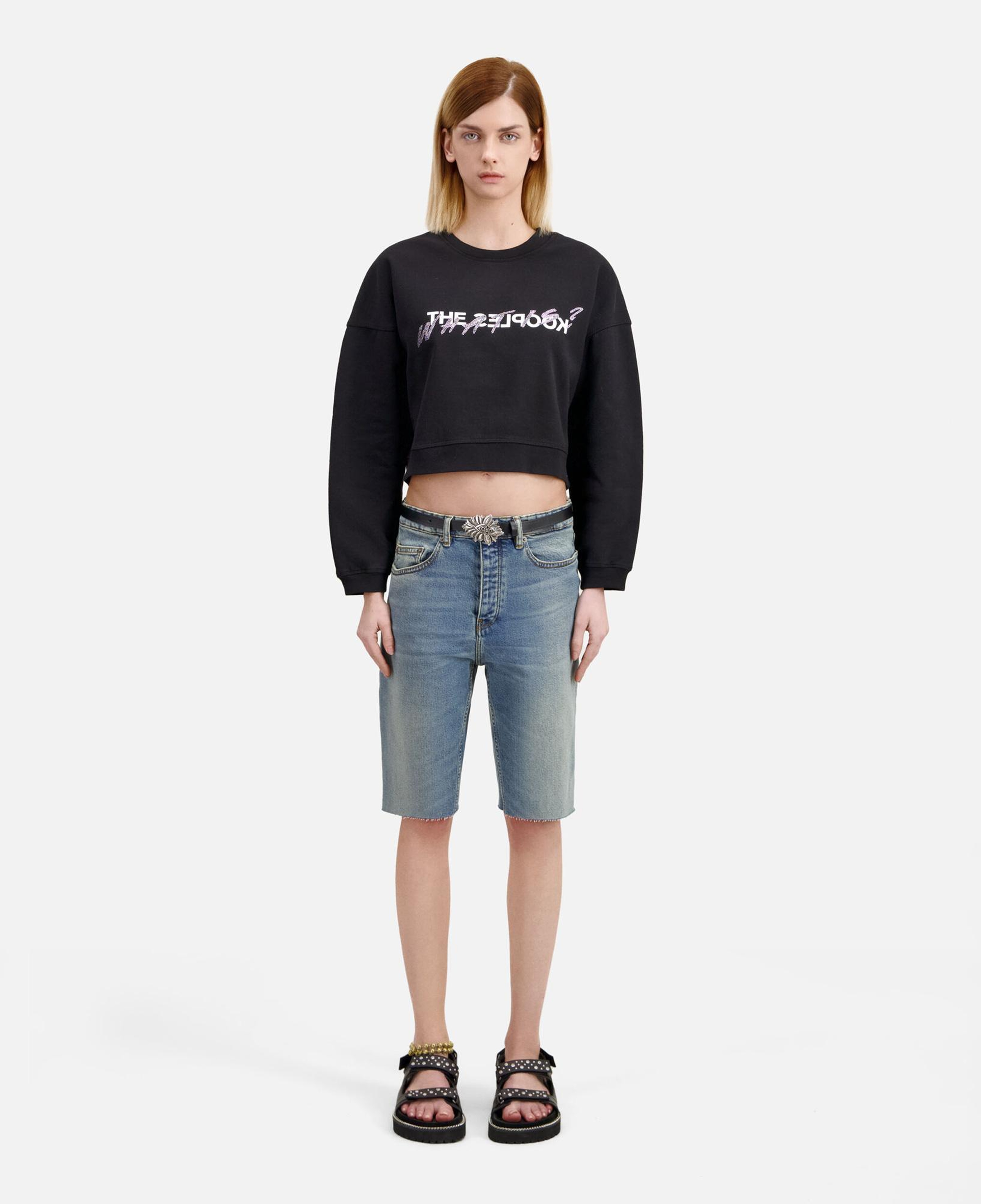 KADIN BASKILI BİSİKLET YAKA SİYAH CROP  SWEATSHIRT