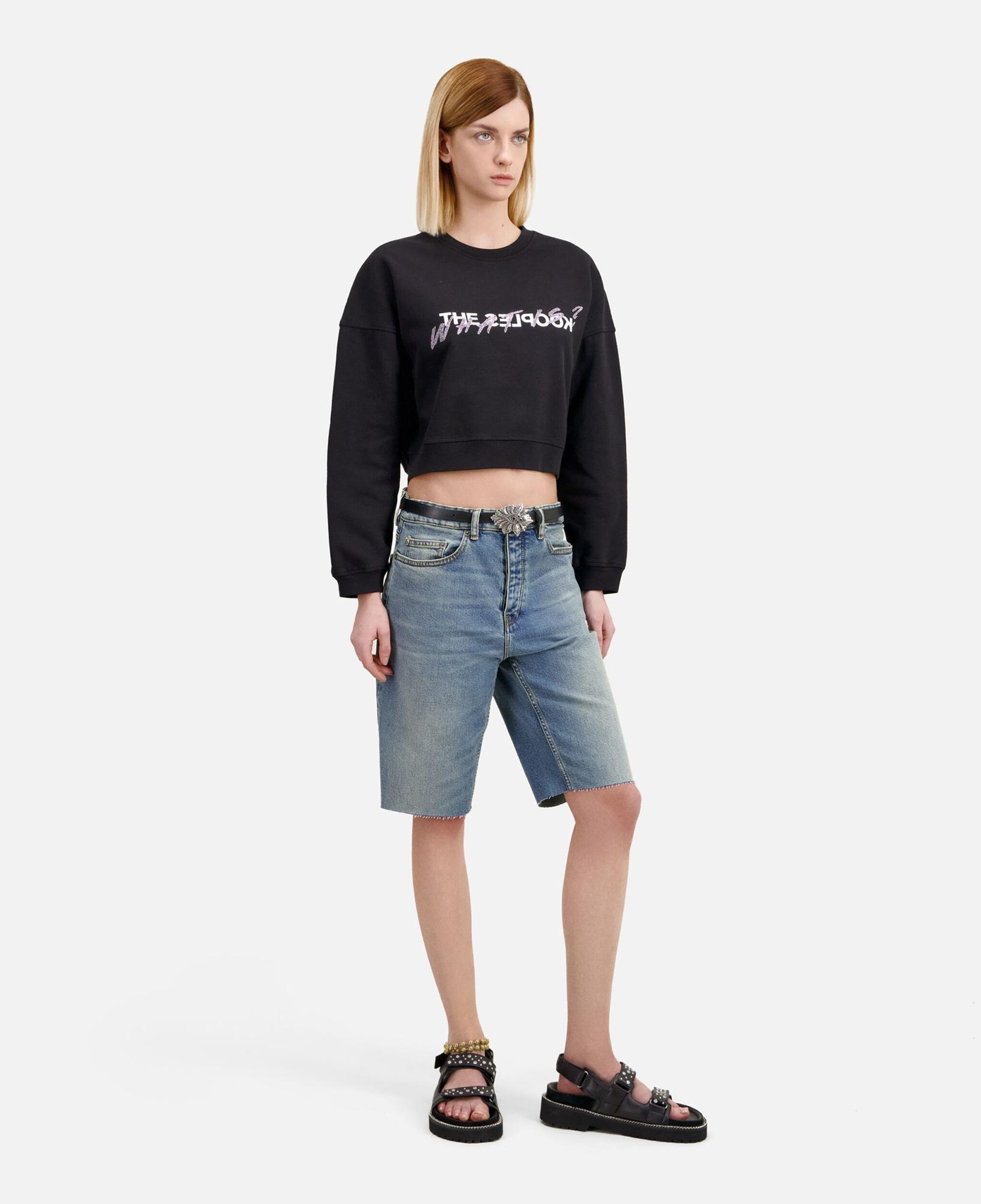 KADIN BASKILI BİSİKLET YAKA SİYAH CROP  SWEATSHIRT