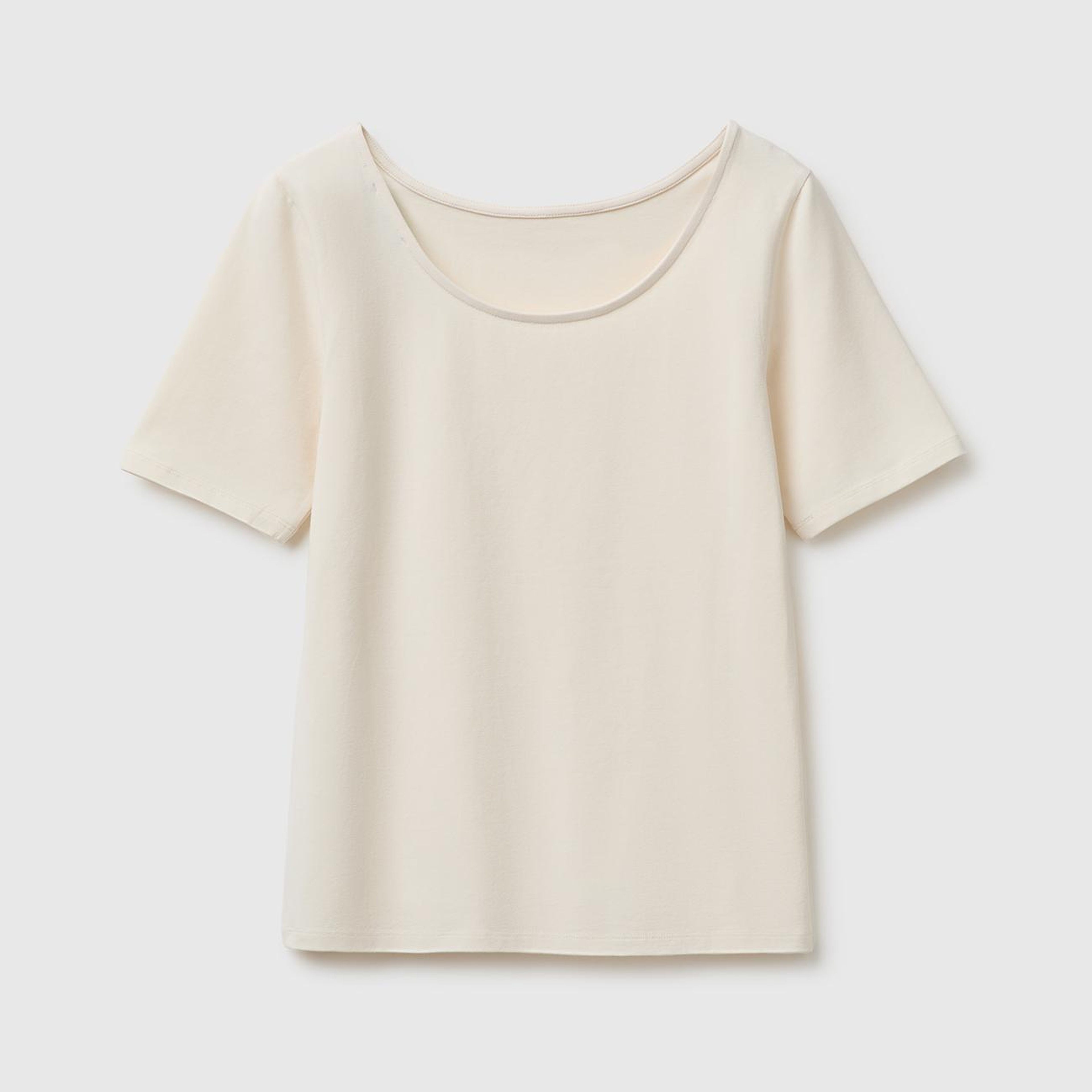 Kadın Krem Pamuk Karışımlı Örme Slim Fit Geniş Yaka T-Shirt