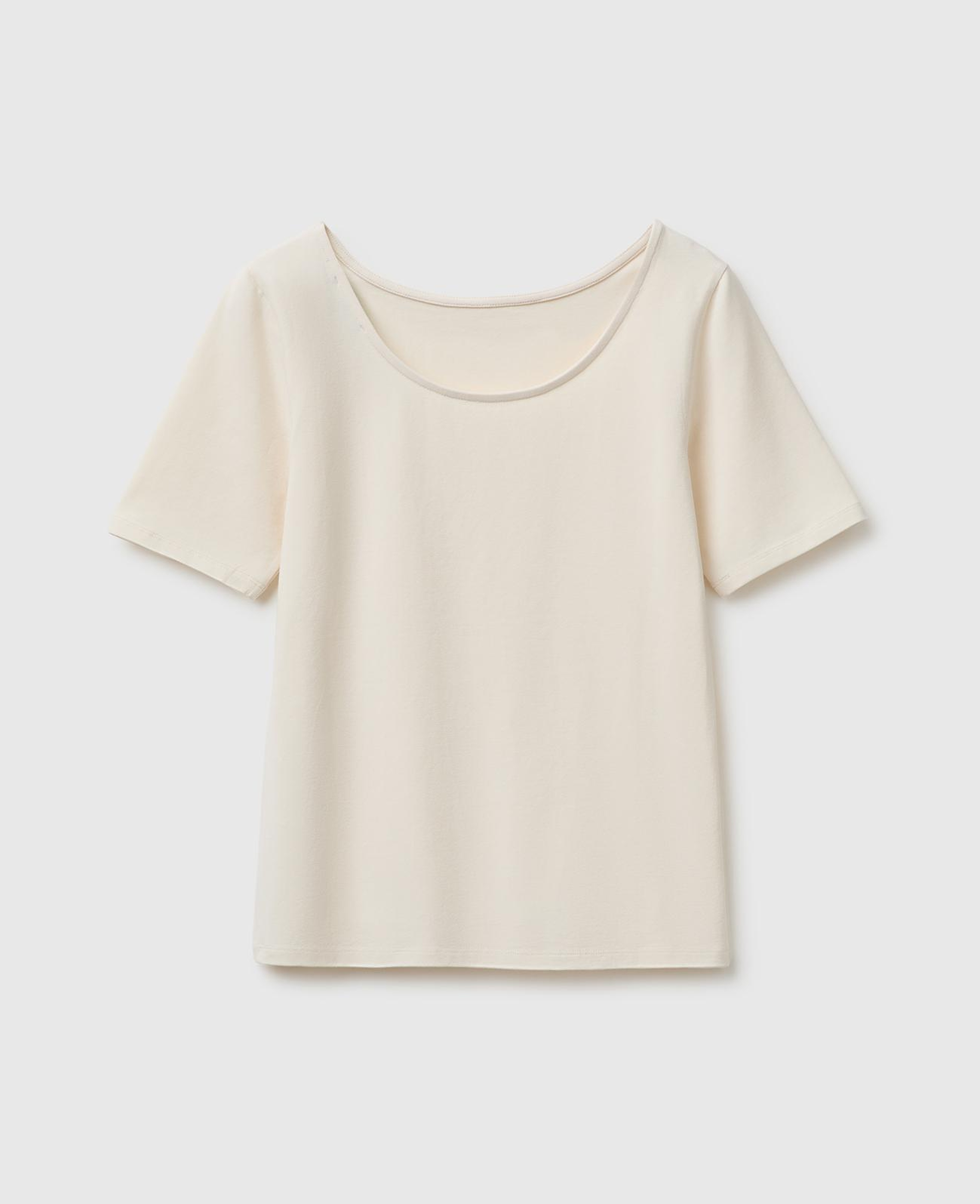 Kadın Krem Pamuk Karışımlı Örme Slim Fit Geniş Yaka T-Shirt