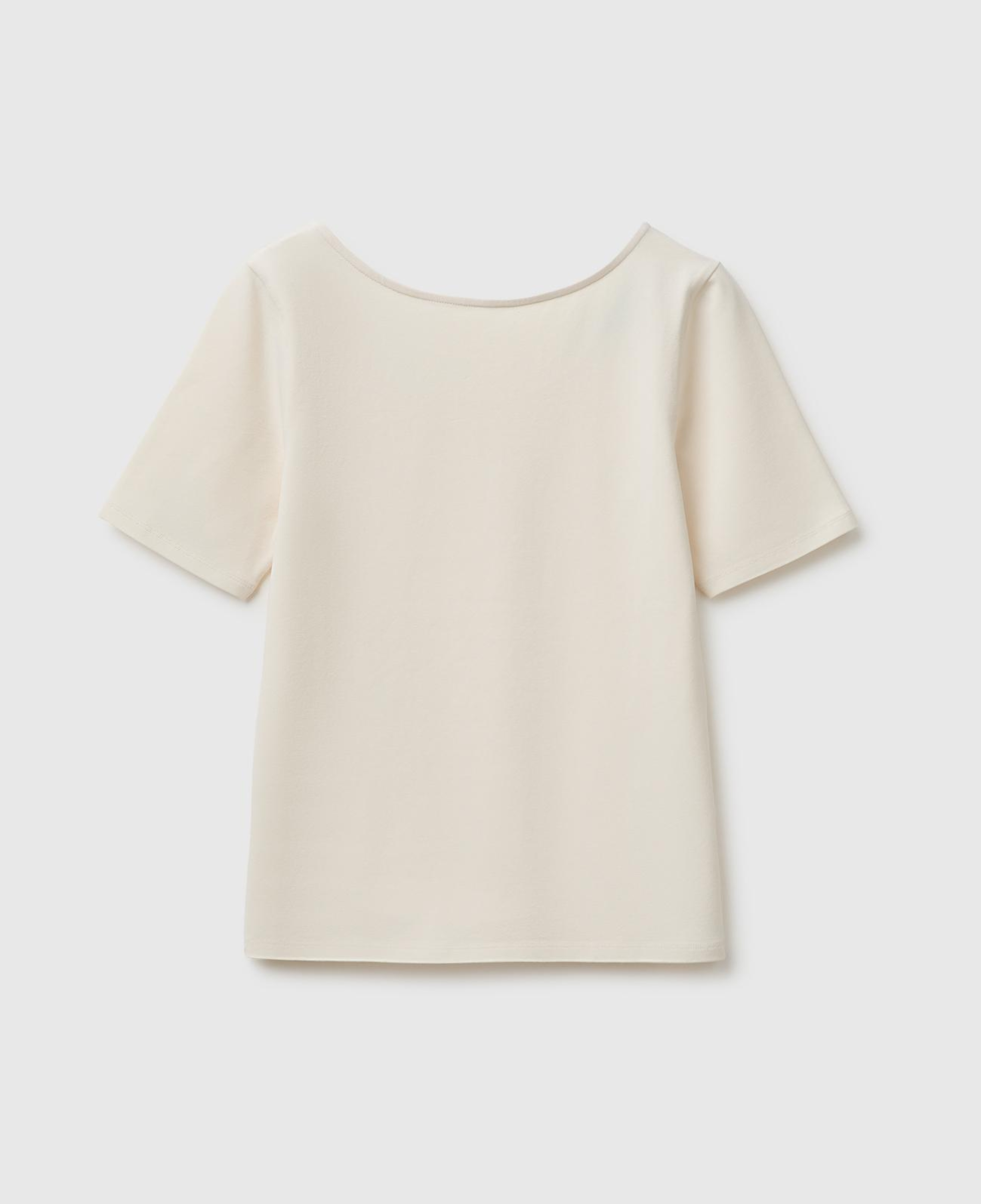 Kadın Krem Pamuk Karışımlı Örme Slim Fit Geniş Yaka T-Shirt