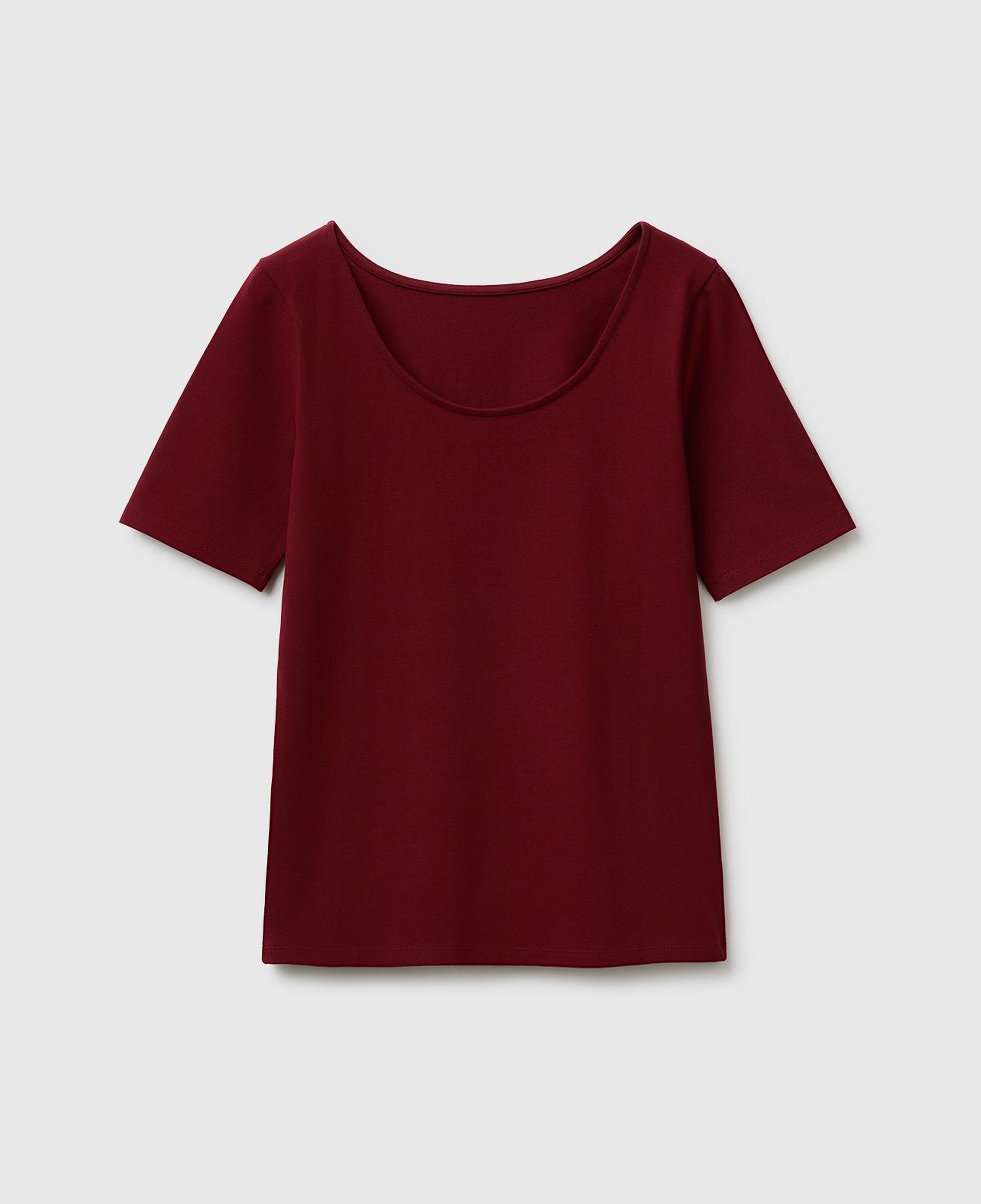 Kadın Mürdüm Pamuk Karışımlı Örme Slim Fit Geniş Yaka T-Shirt