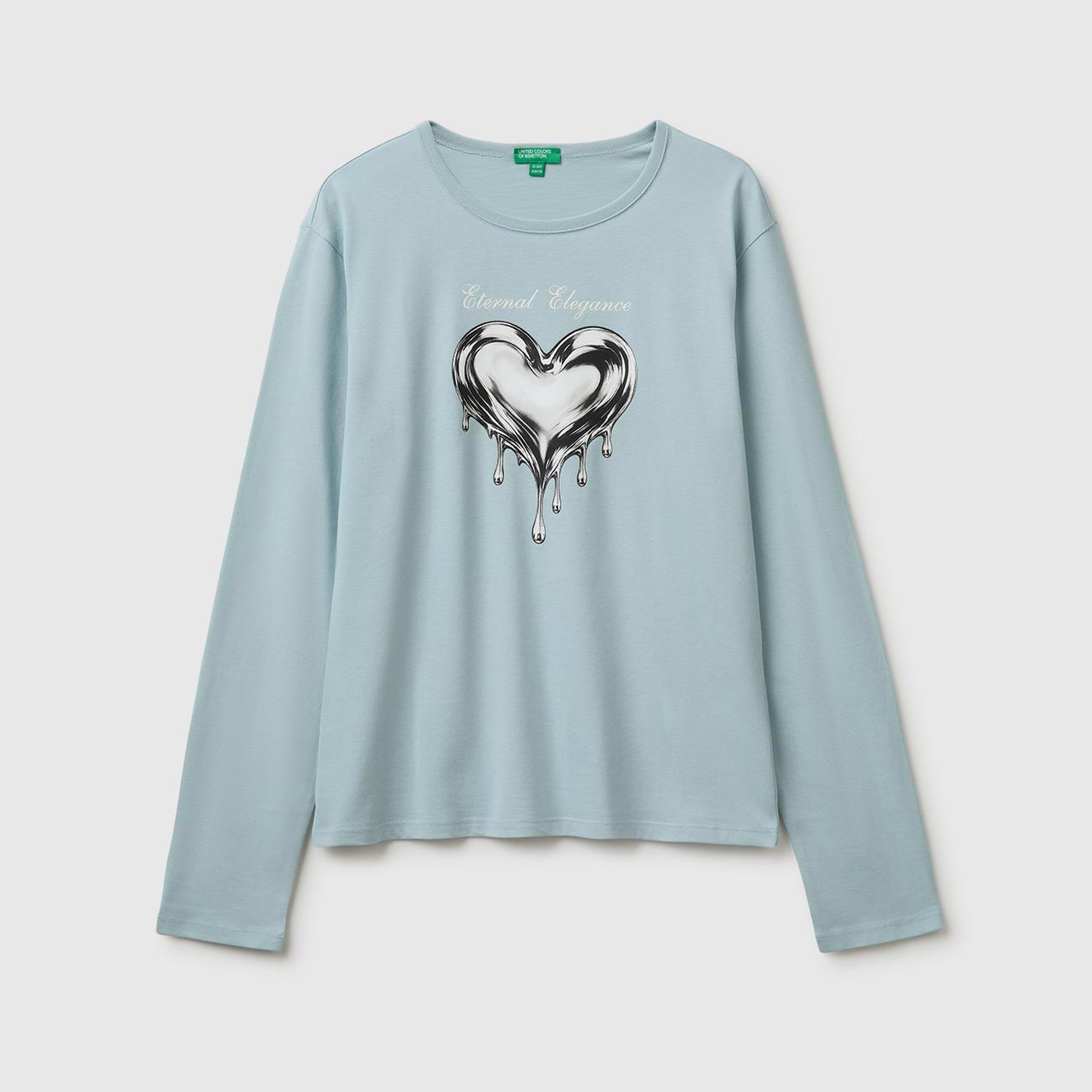 Kız Çocuk Su Yeşili Uzun Kollu Önü Baskılı Bisiklet Yaka T-Shirt