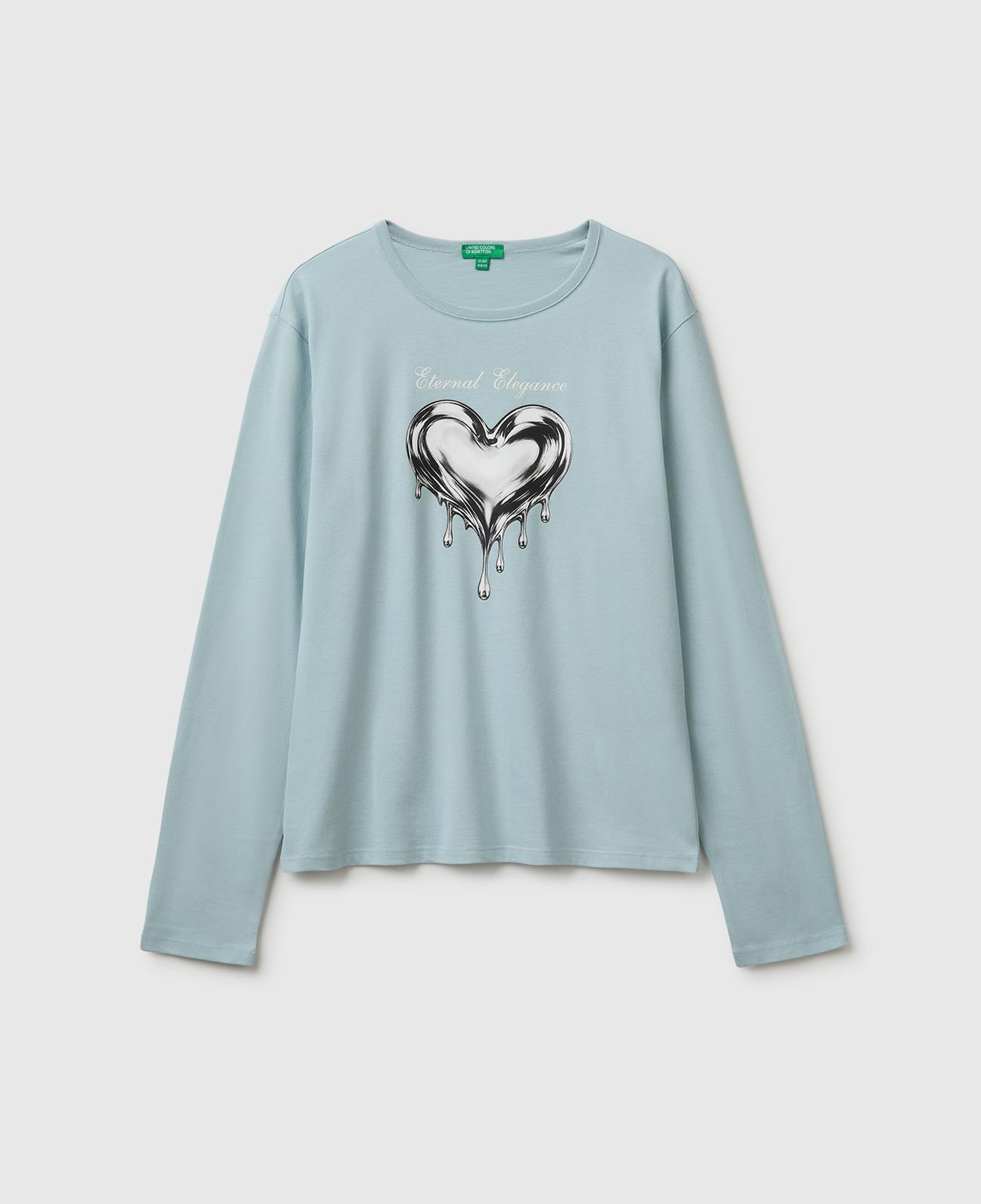 Kız Çocuk Su Yeşili Uzun Kollu Önü Baskılı Bisiklet Yaka T-Shirt