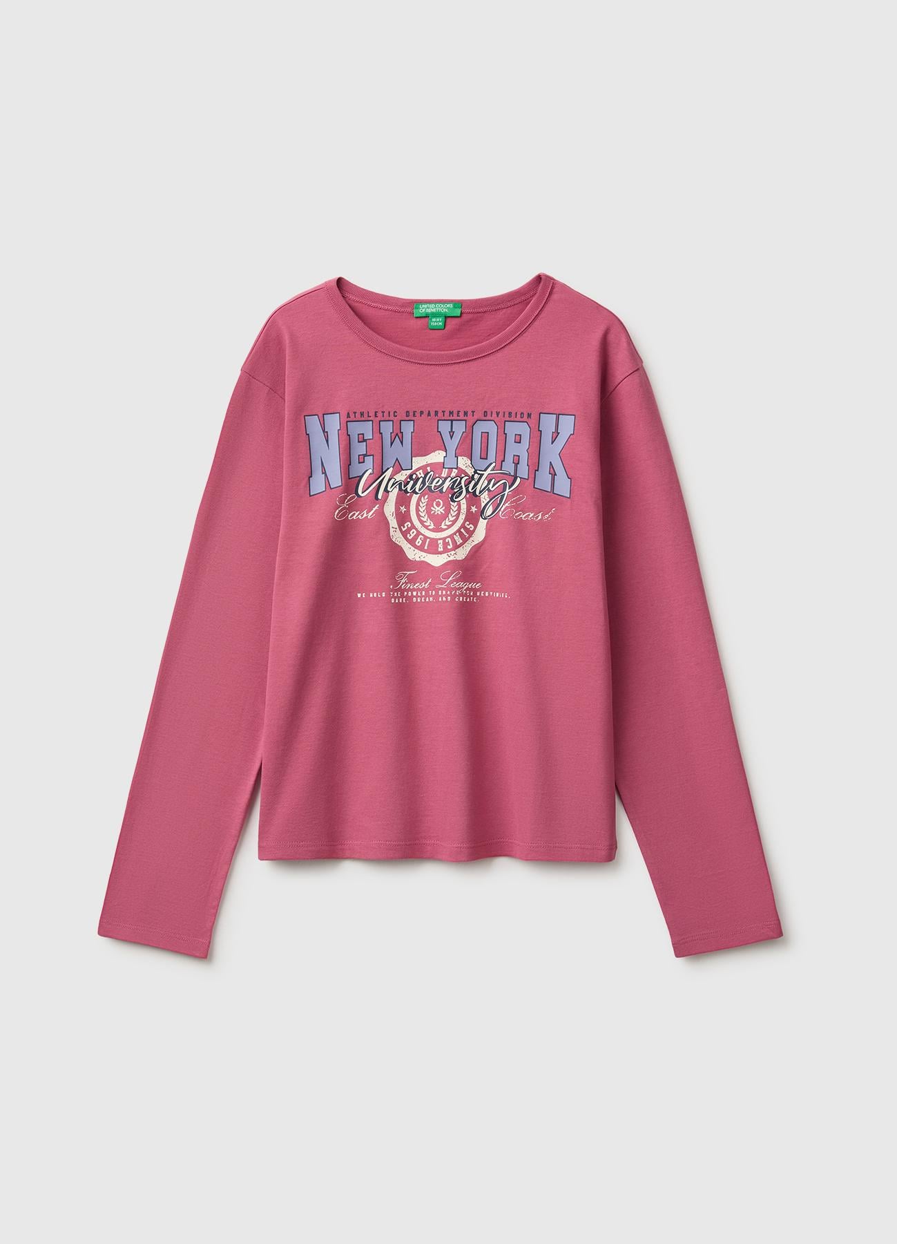 Kız Çocuk Fuşya Uzun Kollu Önü Baskılı Bisiklet Yaka T-Shirt