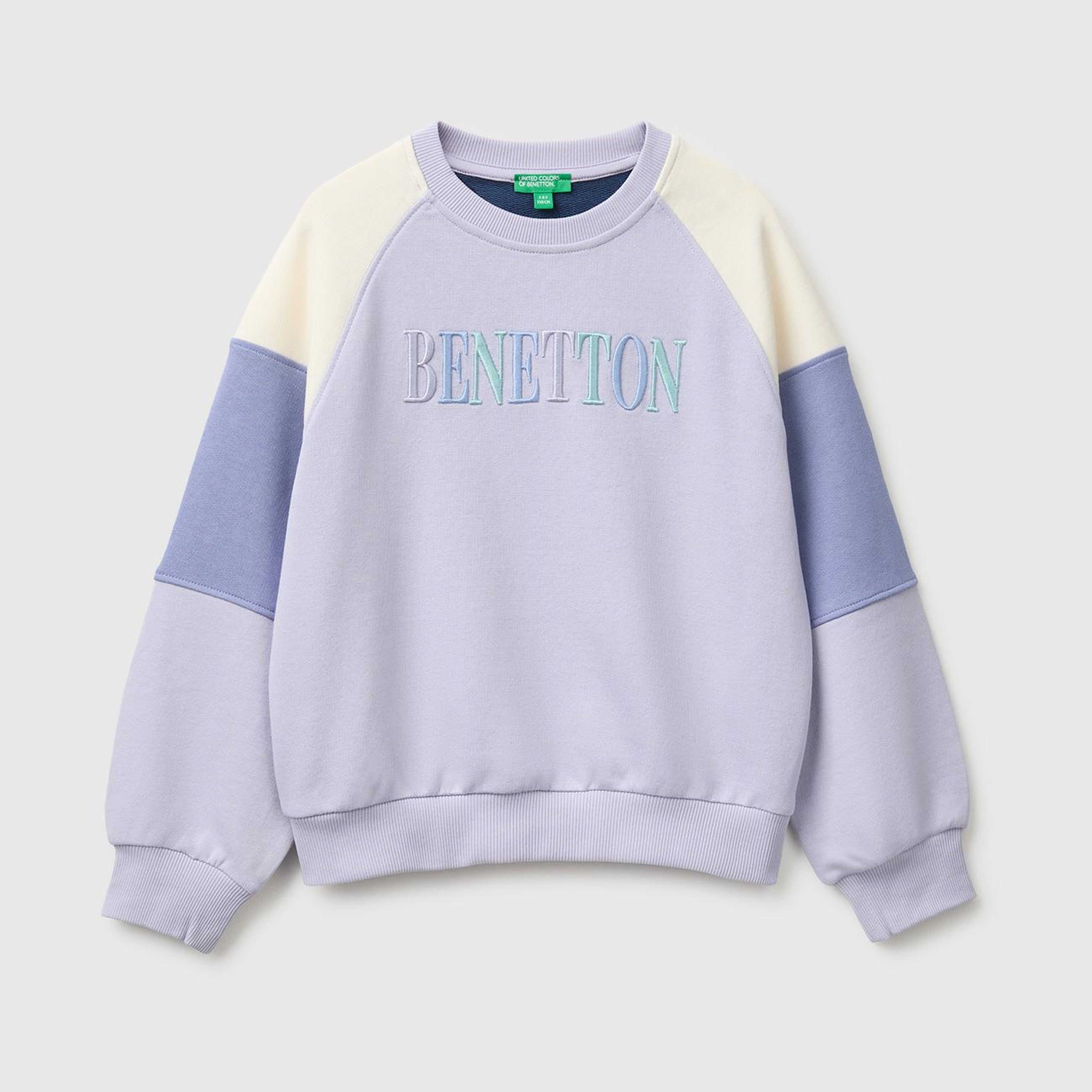 Kız Çocuk Lila İşlemeli Renk Bloklu Reglan Kollu Bisiklet Yaka Sweatshirt
