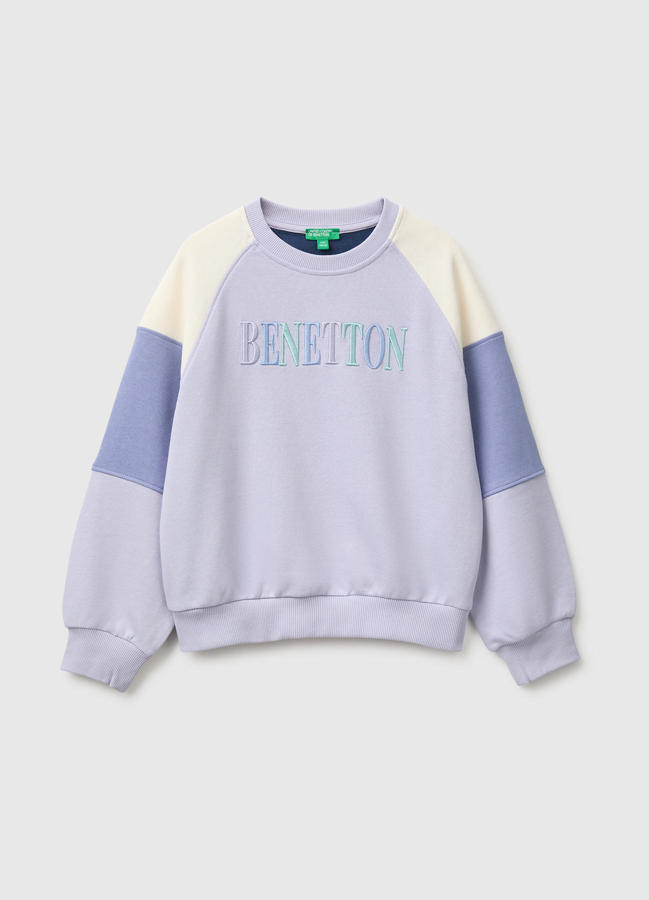 Kız Çocuk Lila İşlemeli Renk Bloklu Reglan Kollu Bisiklet Yaka Sweatshirt