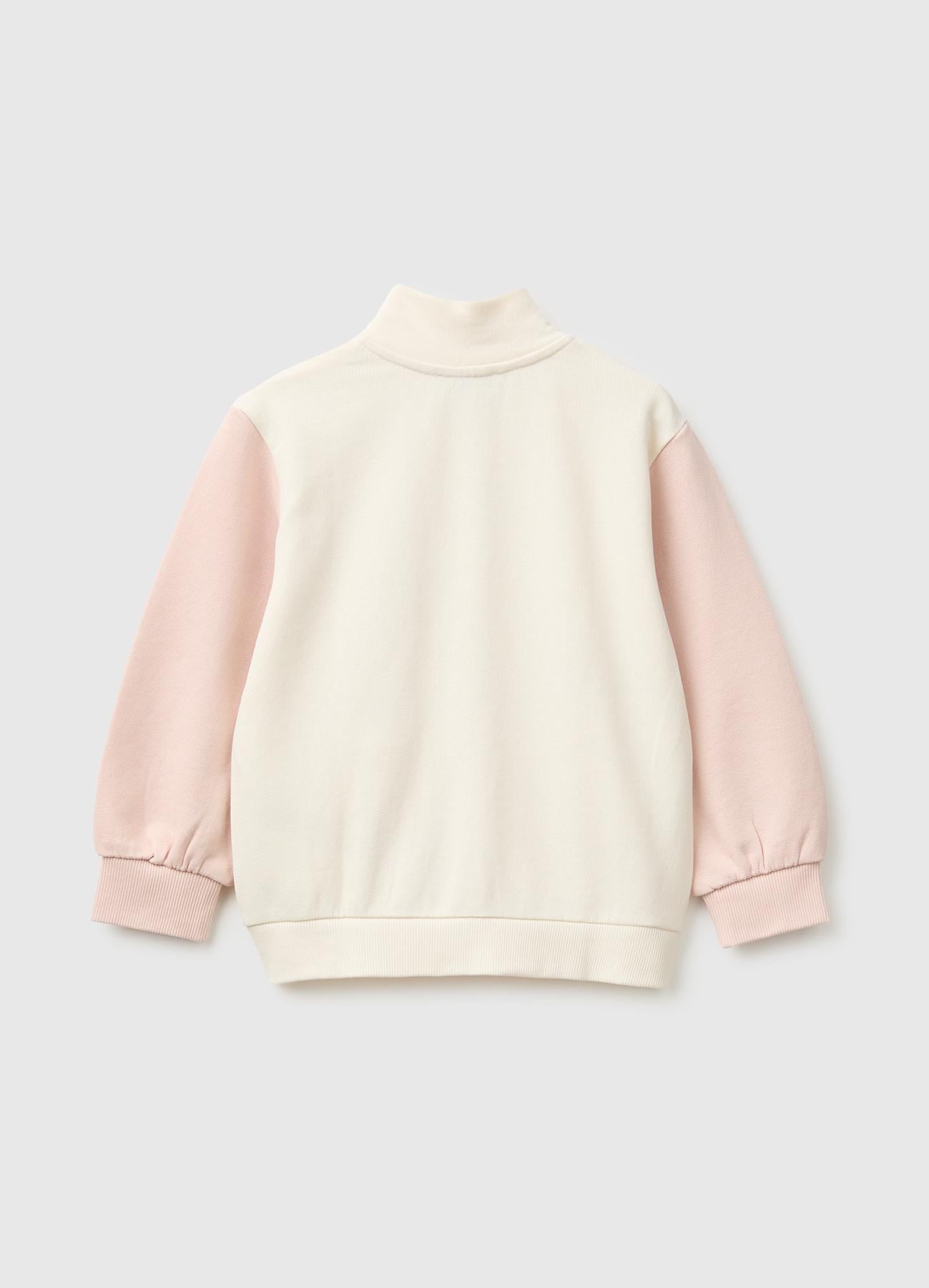 Kız Çocuk Krem Önü İşlemeli Ribanalı Boğazlı Fermuarlı Dik Yaka Sweatshirt
