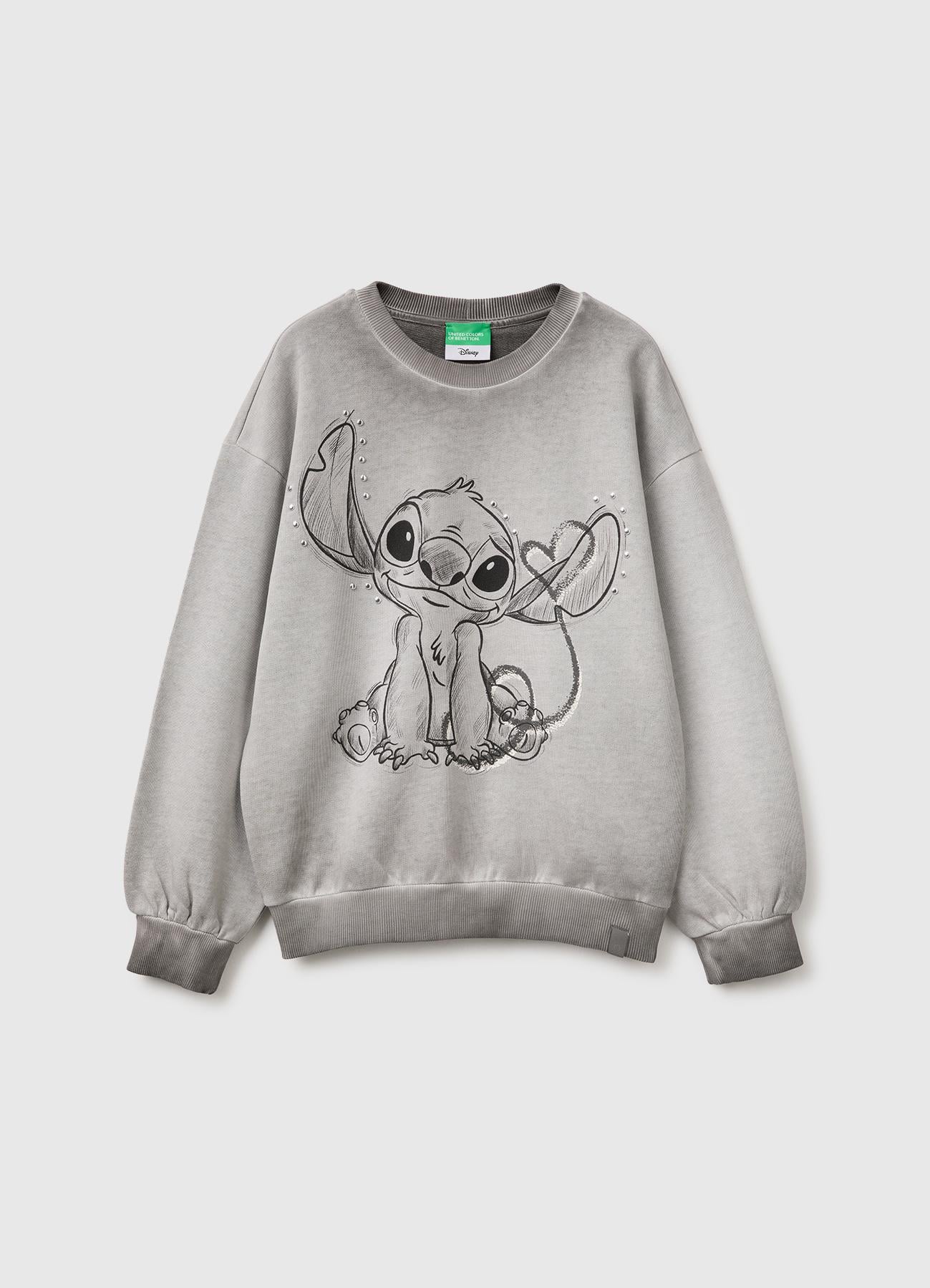 Kız Çocuk Koyu Gri Önü Lilo&Stitch Baskılı Oversize Bisiklet Yaka Sweatshirt