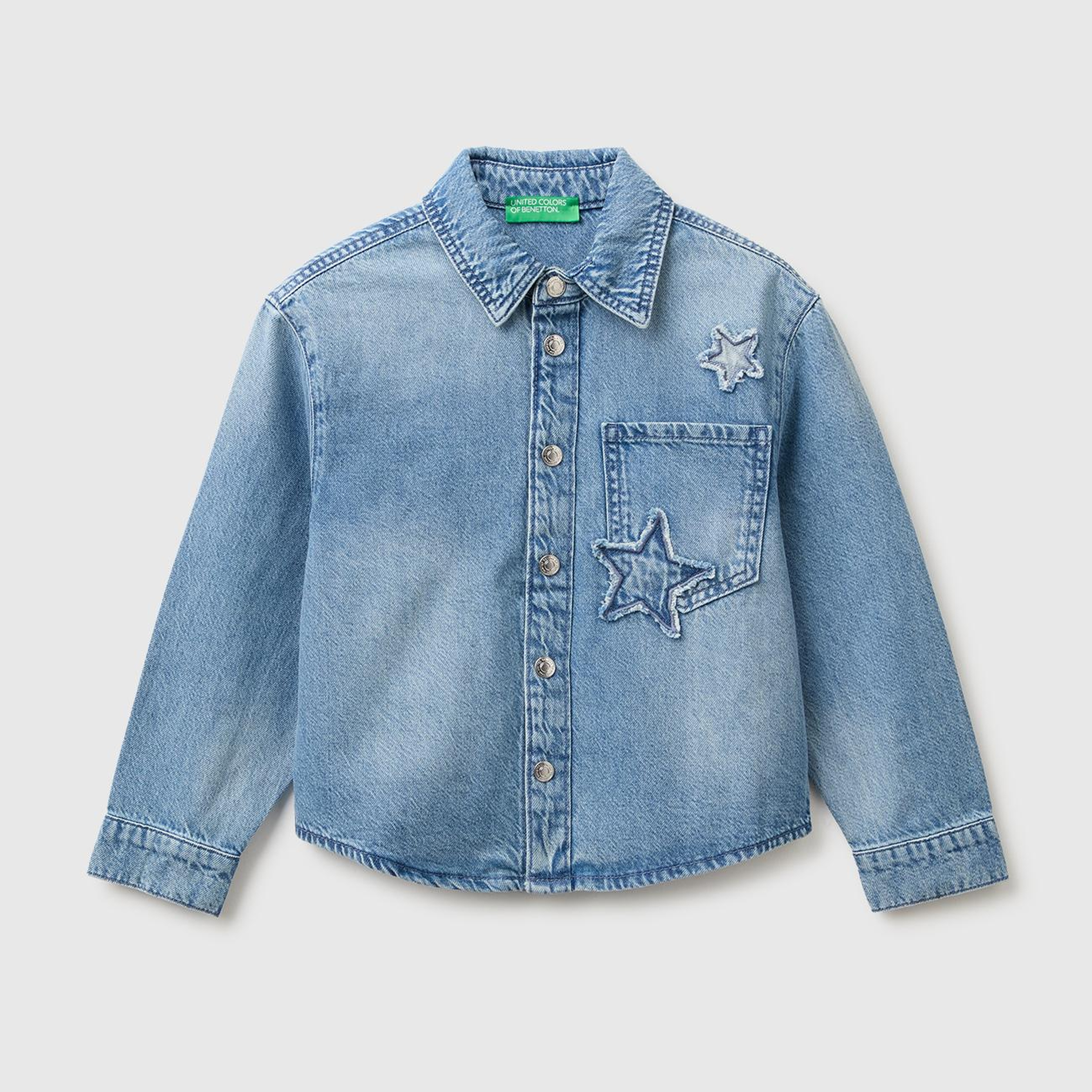 Kız Çocuk Açık Denim Yıldız Arma Detaylı Denim Gömlek