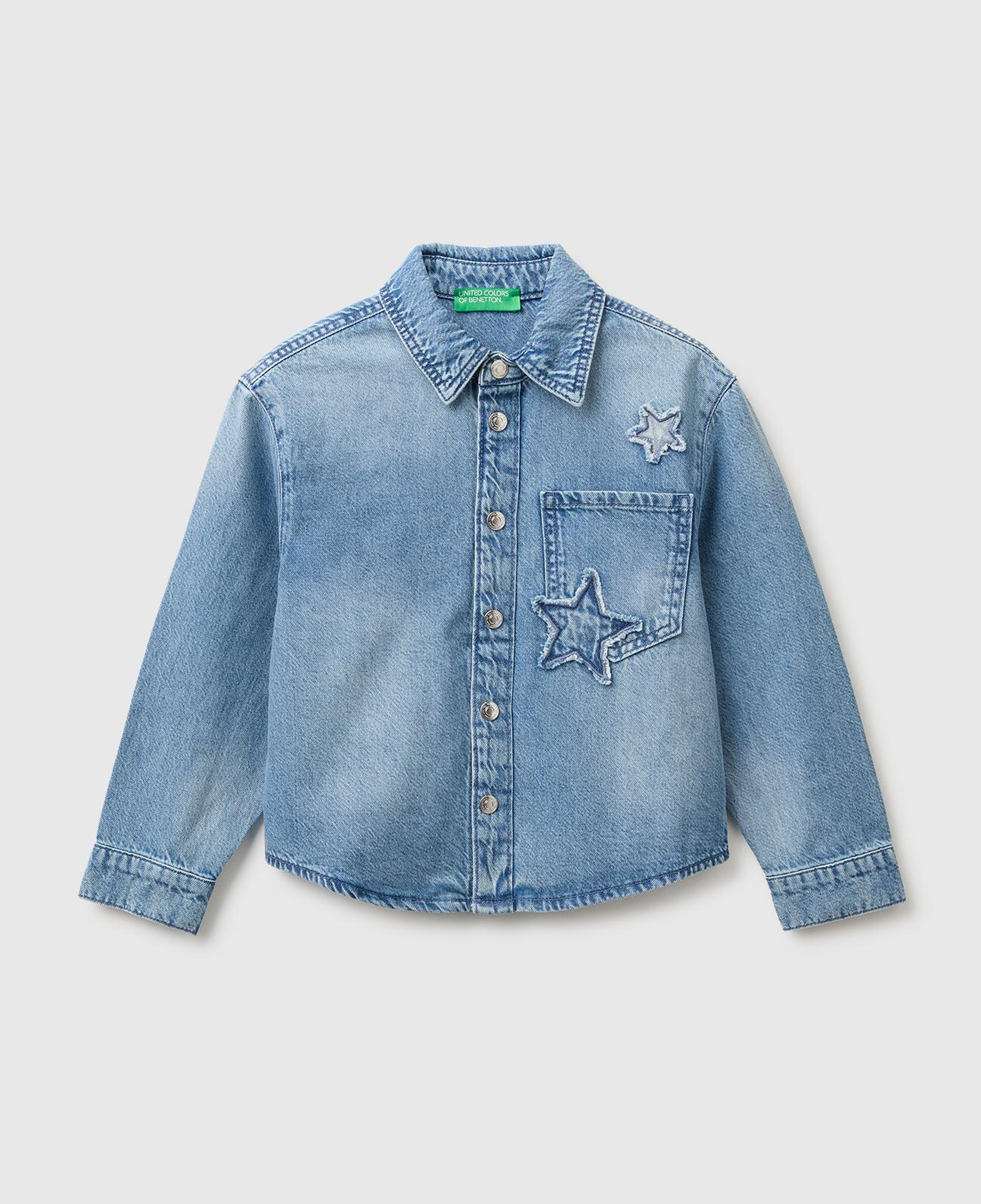 Kız Çocuk Açık Denim Yıldız Arma Detaylı Denim Gömlek