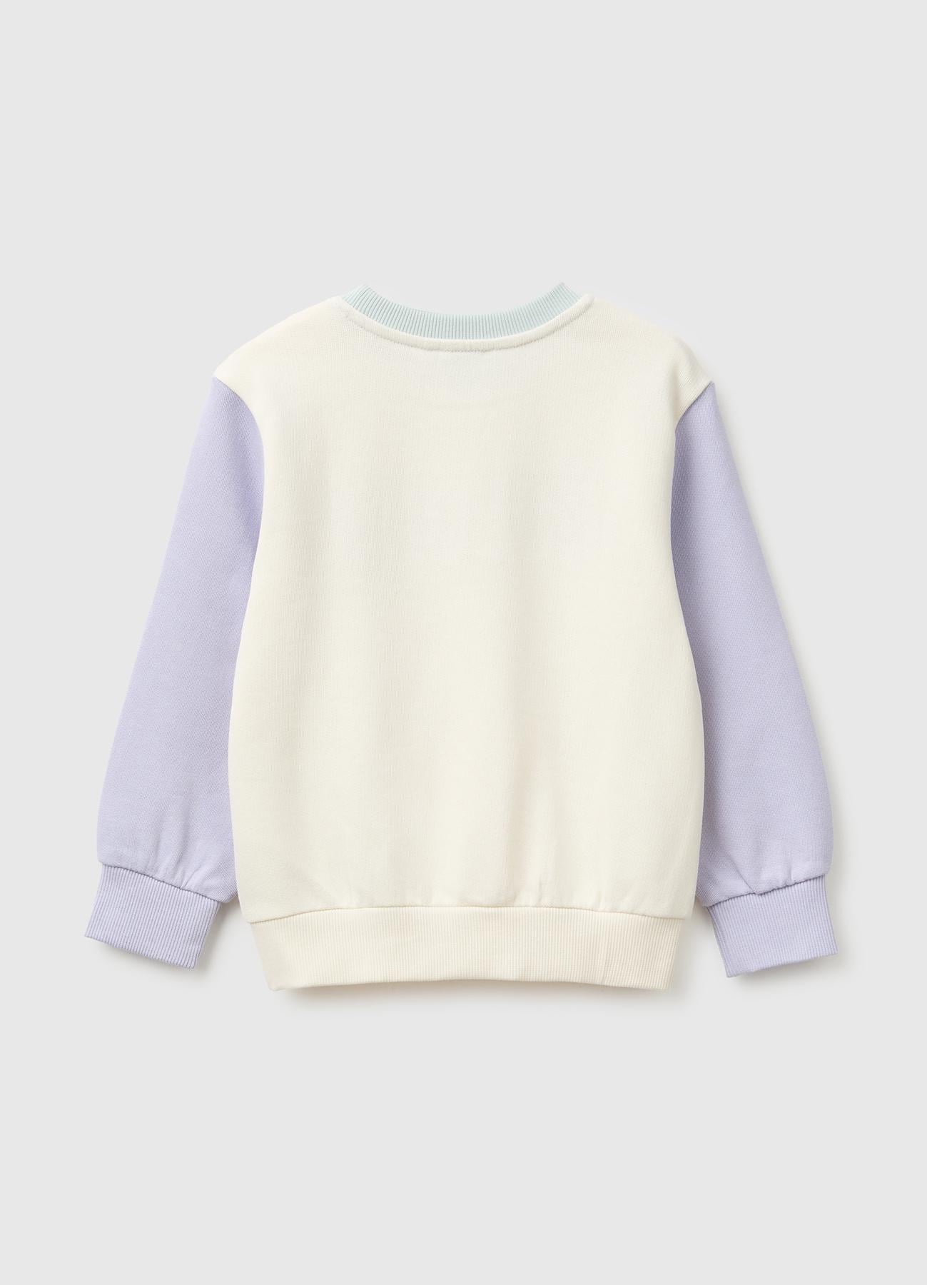 Kız Çocuk Krem Önü İşlemeli Uzun Kollu Bisiklet Yaka Sweatshirt