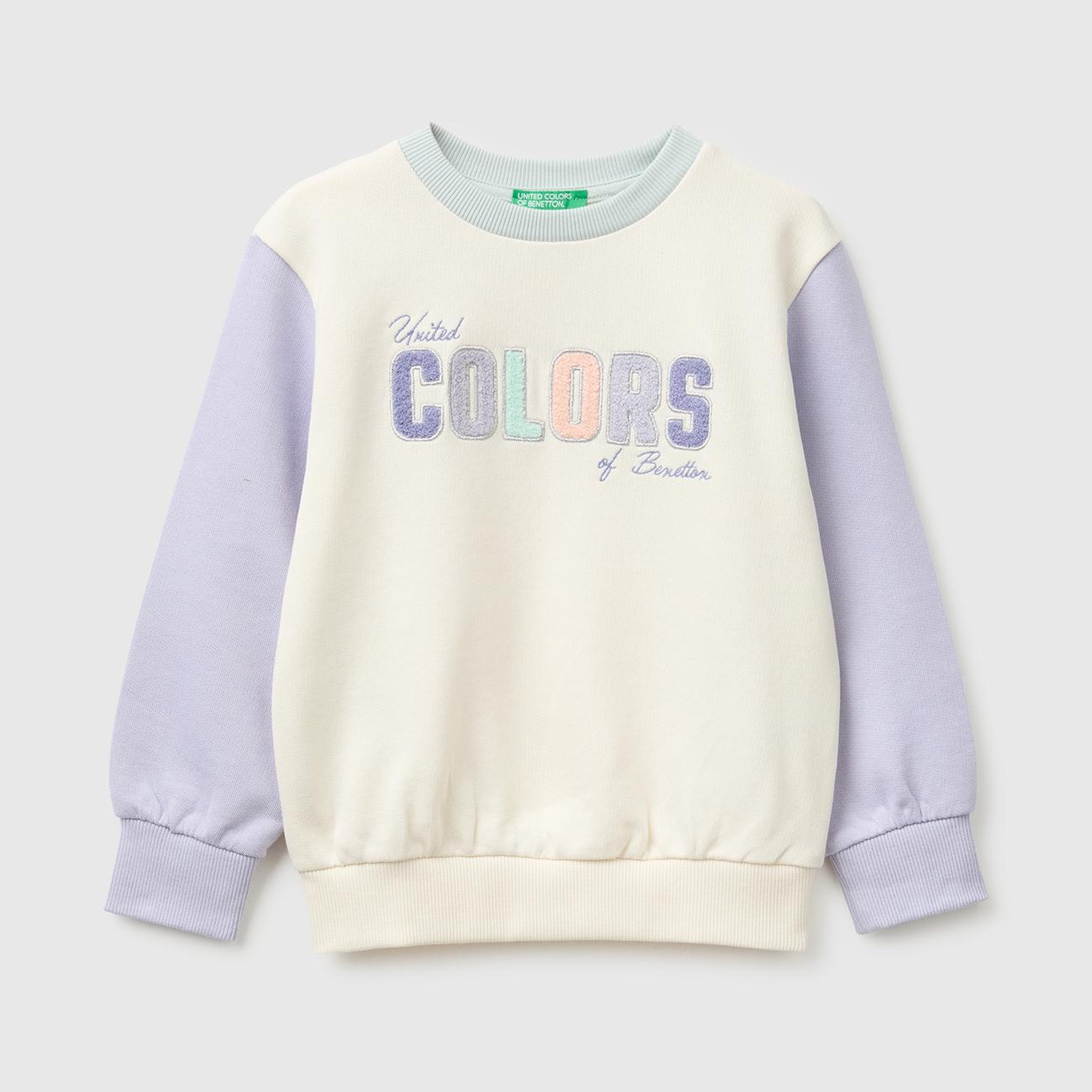 Kız Çocuk Krem Önü İşlemeli Uzun Kollu Bisiklet Yaka Sweatshirt