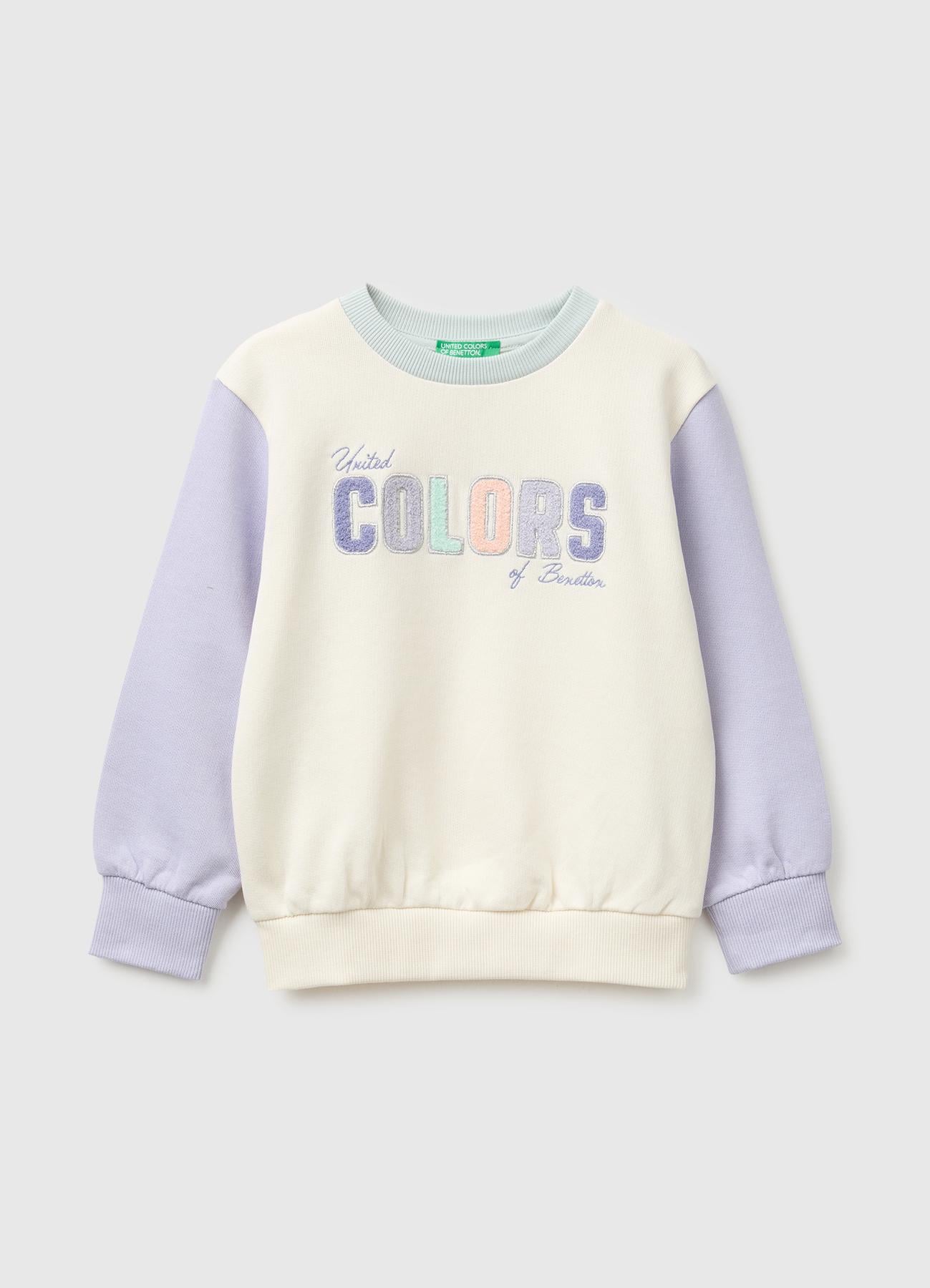 Kız Çocuk Krem Önü İşlemeli Uzun Kollu Bisiklet Yaka Sweatshirt