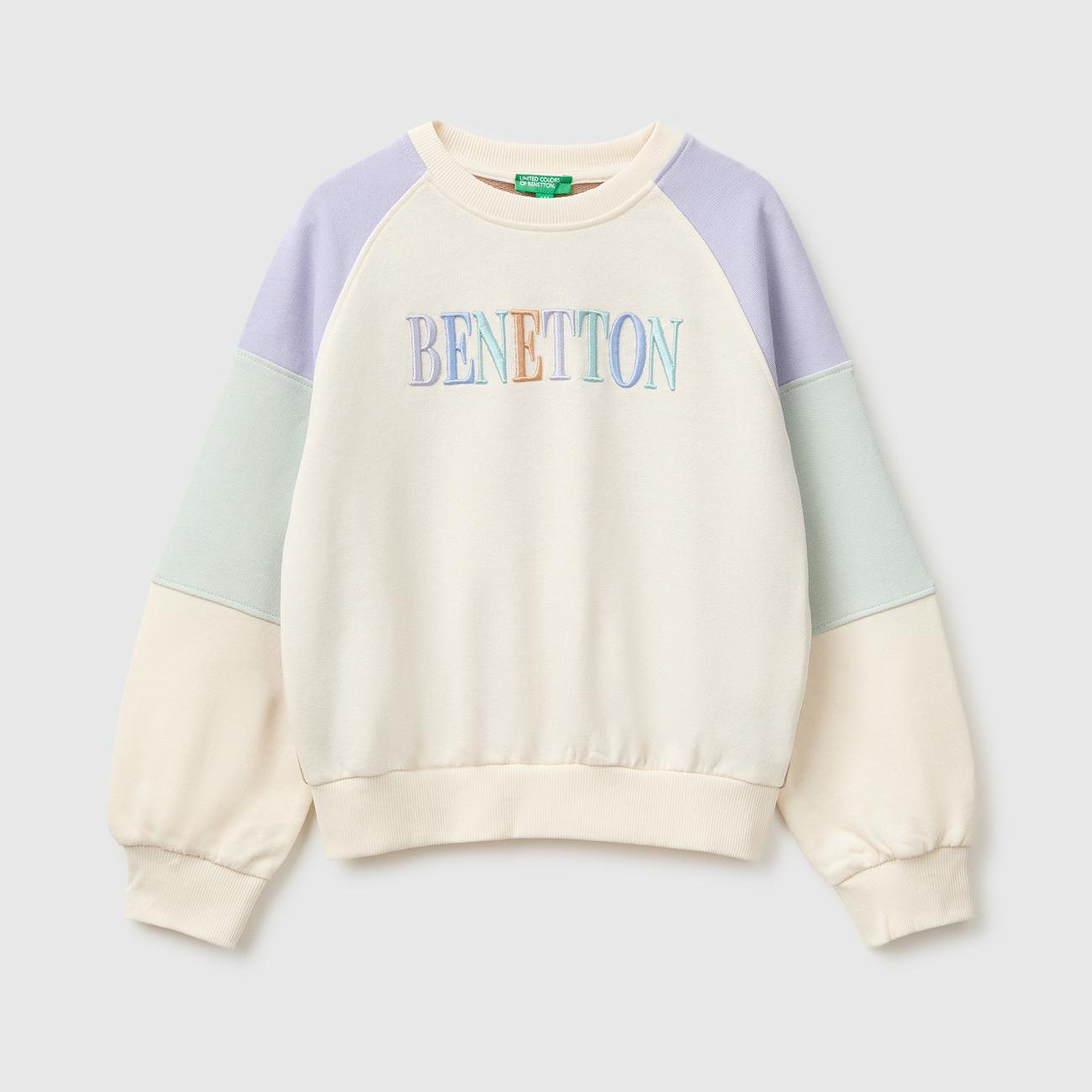 Kız Çocuk Krem Mix İşlemeli Renk Bloklu Reglan Kollu Bisiklet Yaka Sweatshirt