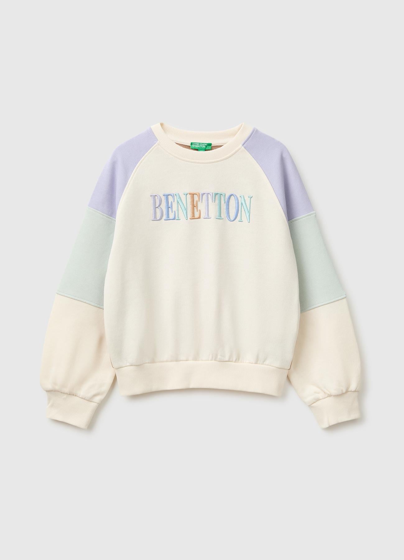 Kız Çocuk Krem Mix İşlemeli Renk Bloklu Reglan Kollu Bisiklet Yaka Sweatshirt