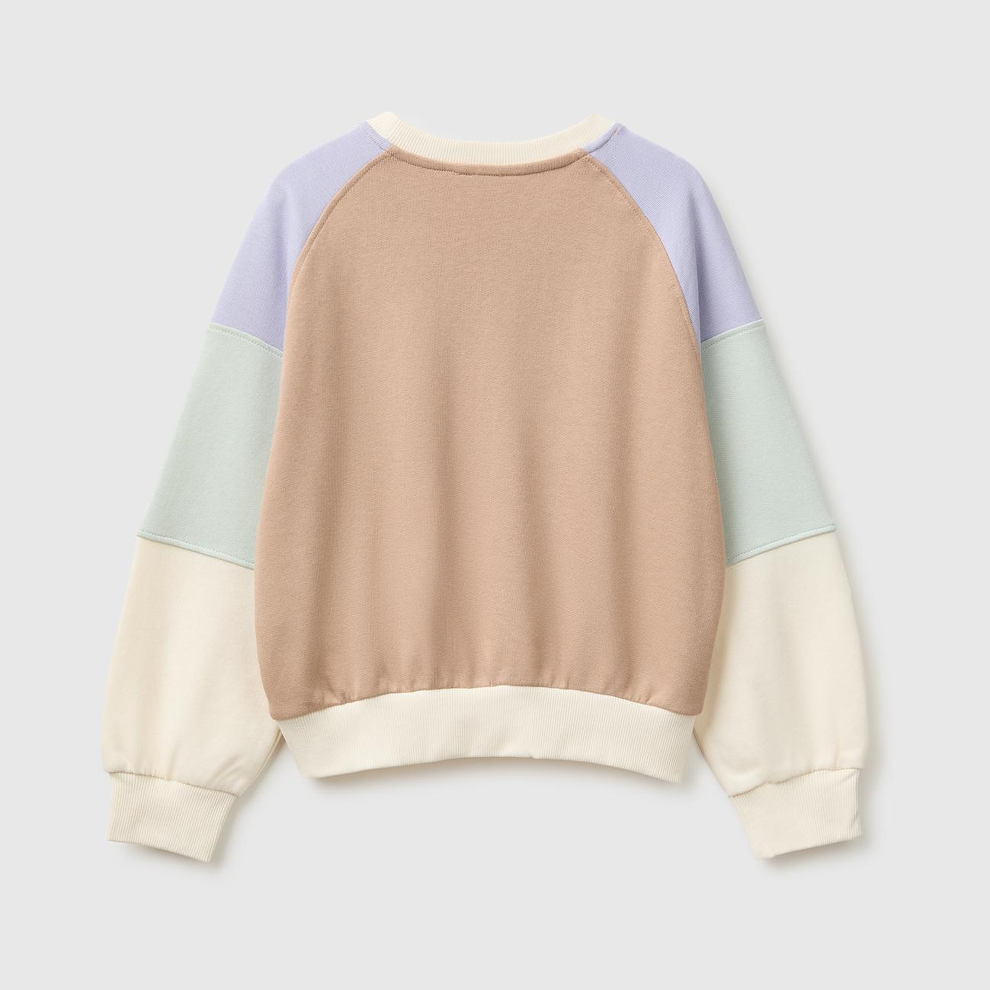 Kız Çocuk Krem Mix İşlemeli Renk Bloklu Reglan Kollu Bisiklet Yaka Sweatshirt