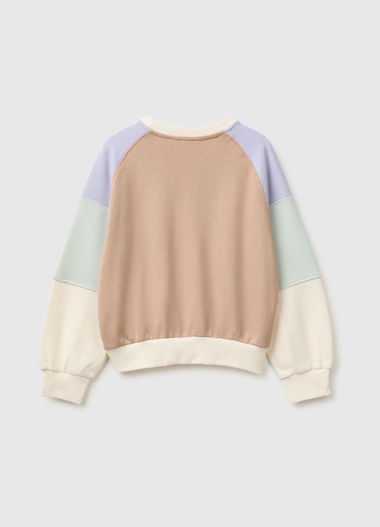 Kız Çocuk Krem Mix İşlemeli Renk Bloklu Reglan Kollu Bisiklet Yaka Sweatshirt