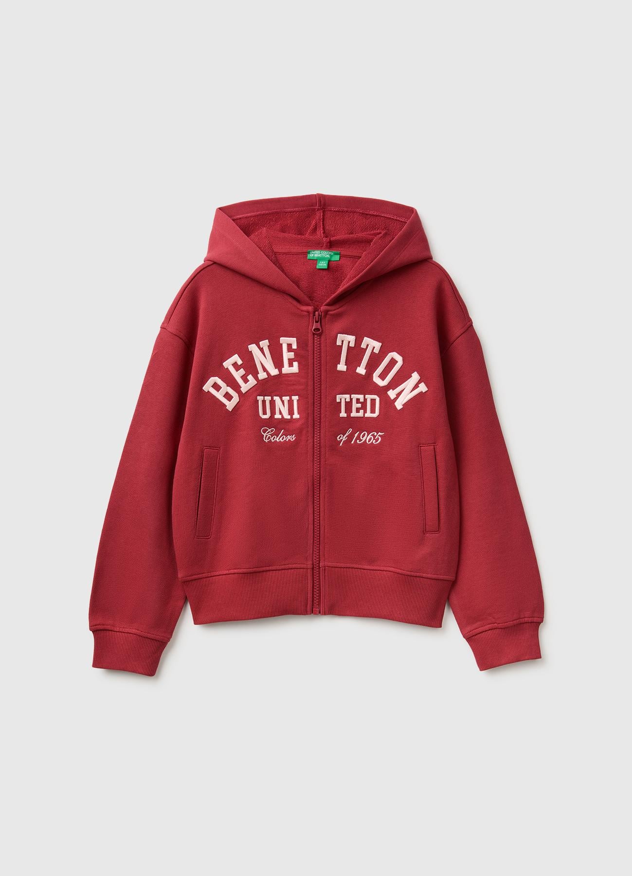 Kız Çocuk Kırmızı Önü İşlemeli Ribanalı Cepli Kapüşonlu Fermuarlı Sweatshirt