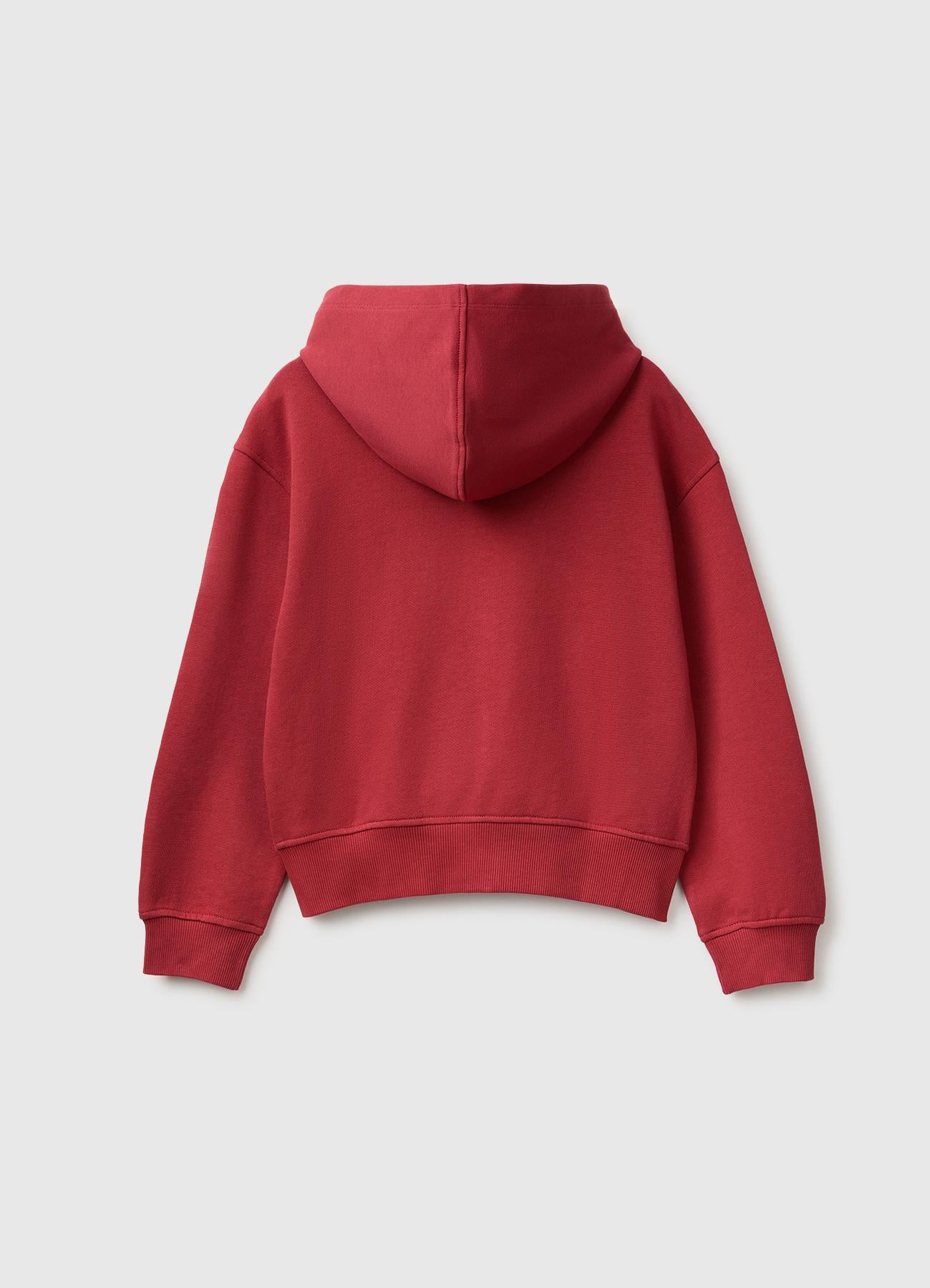 Kız Çocuk Kırmızı Önü İşlemeli Ribanalı Cepli Kapüşonlu Fermuarlı Sweatshirt