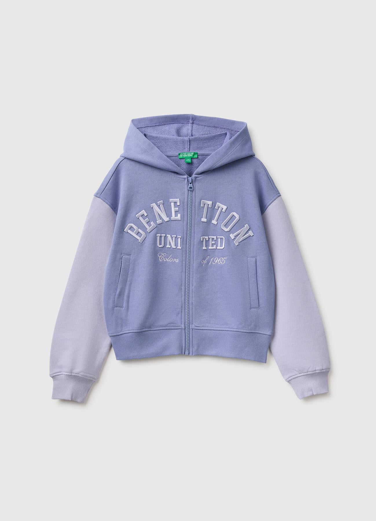 Kız Çocuk Lila Önü İşlemeli Ribanalı Cepli Kapüşonlu Fermuarlı Sweatshirt