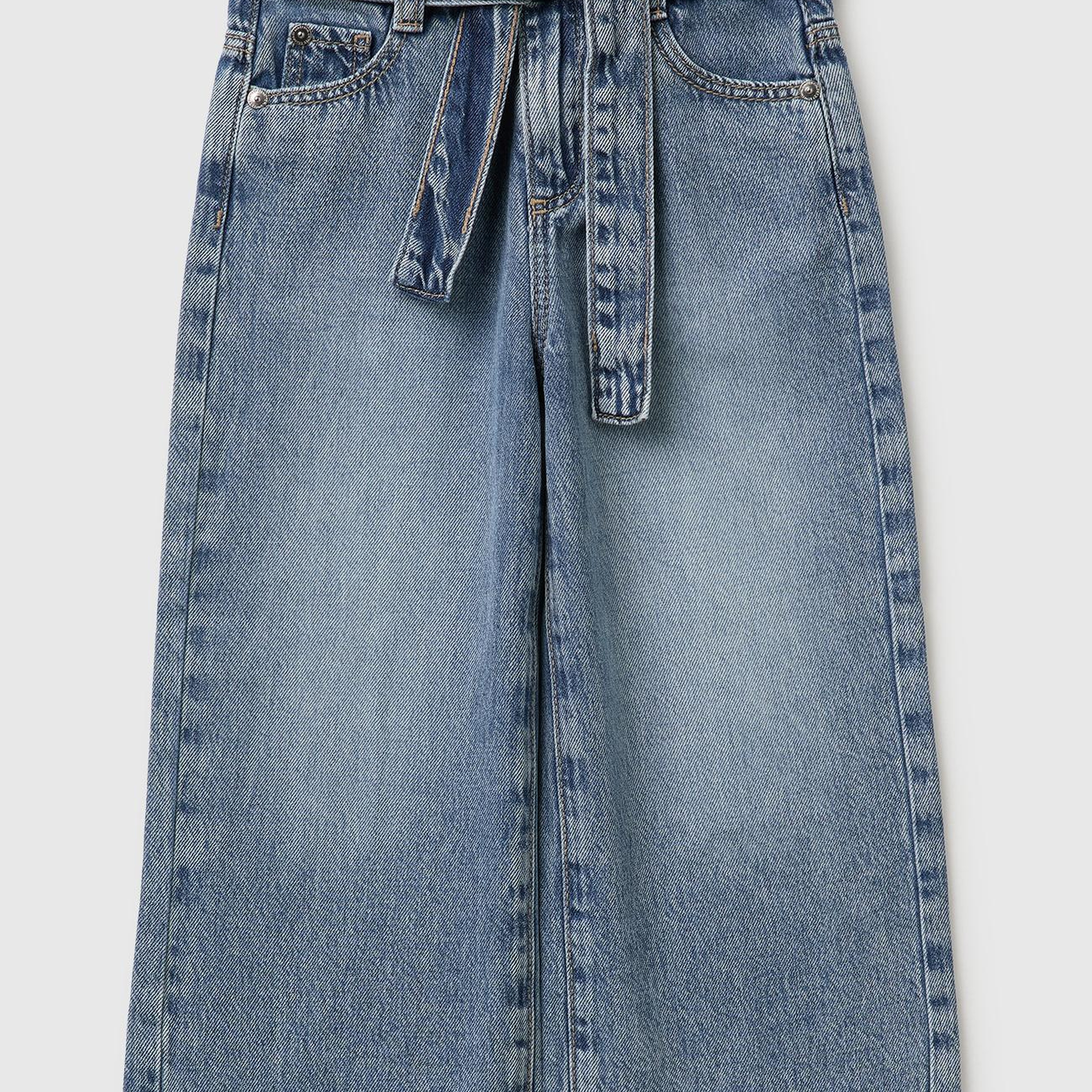 Kız Çocuk Açık Denim Bol Paça Denim Düğmeli Kemerli Pantolon