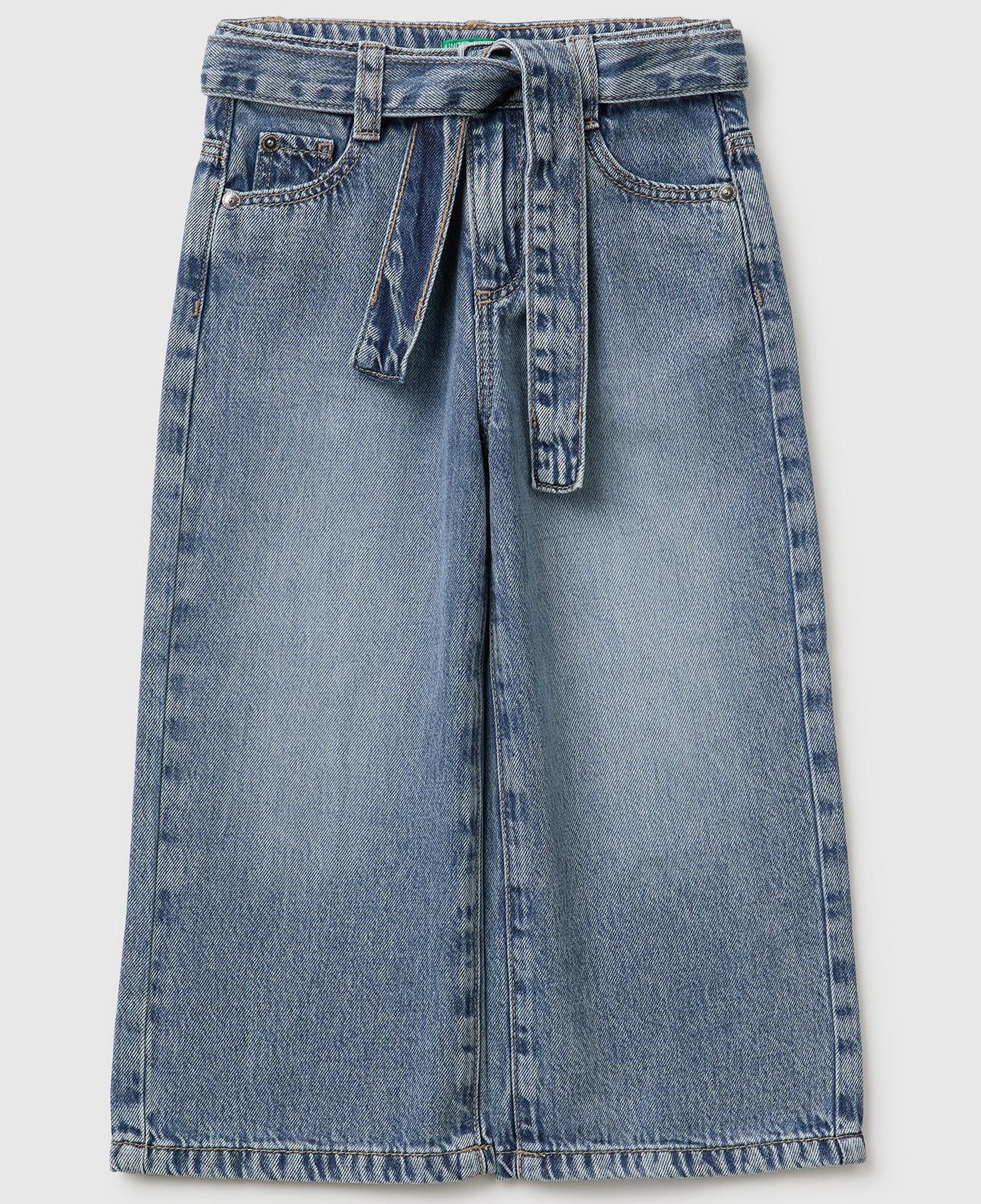 Kız Çocuk Açık Denim Bol Paça Denim Düğmeli Kemerli Pantolon