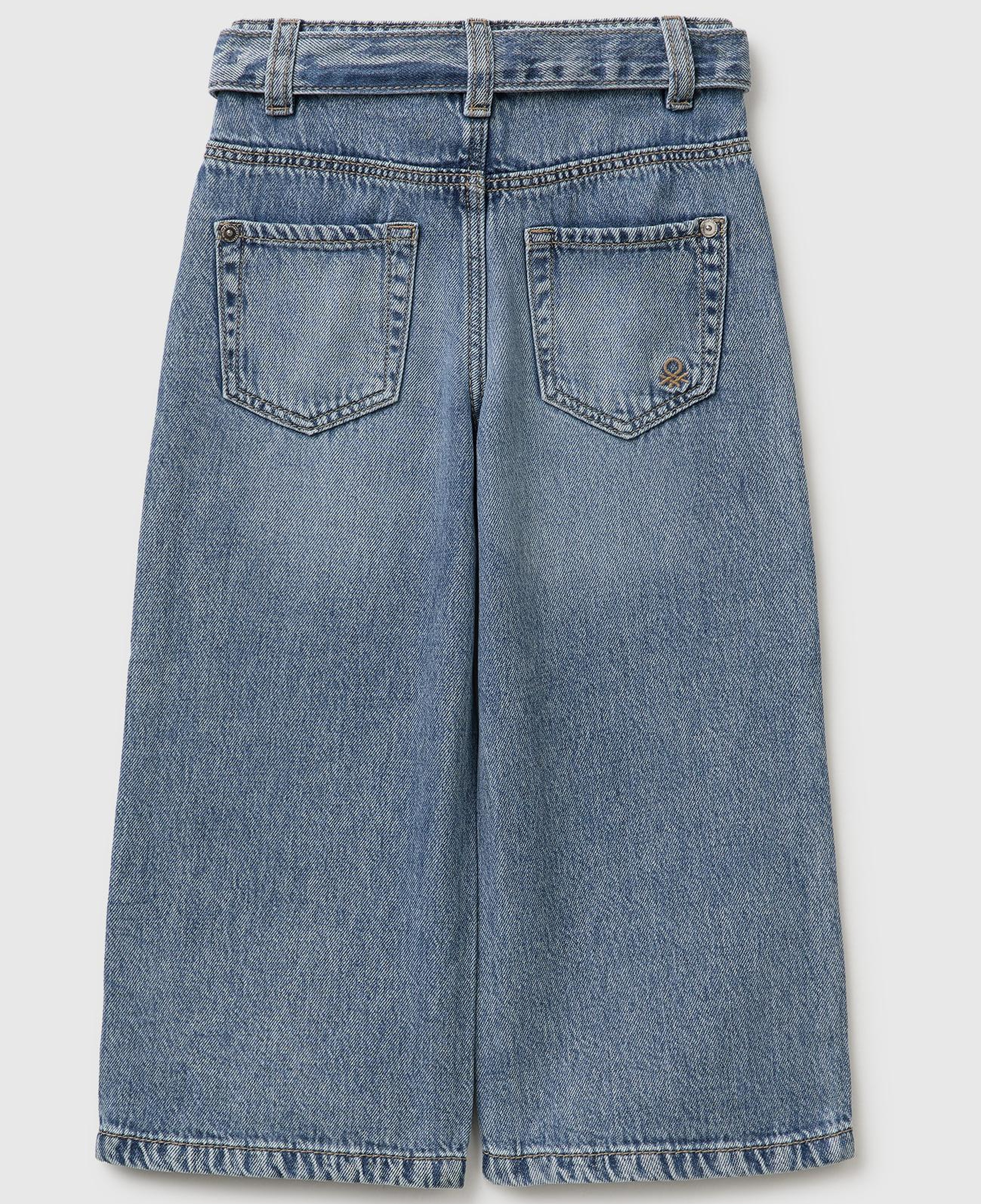 Kız Çocuk Açık Denim Bol Paça Denim Düğmeli Kemerli Pantolon