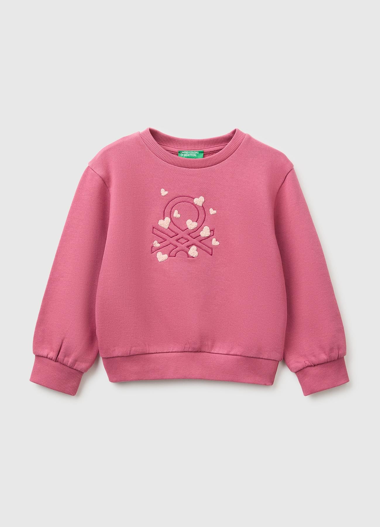 Kız Çocuk Fuşya Önü İşlemeli Uzun Kollu Bisiklet Yaka Sweatshirt