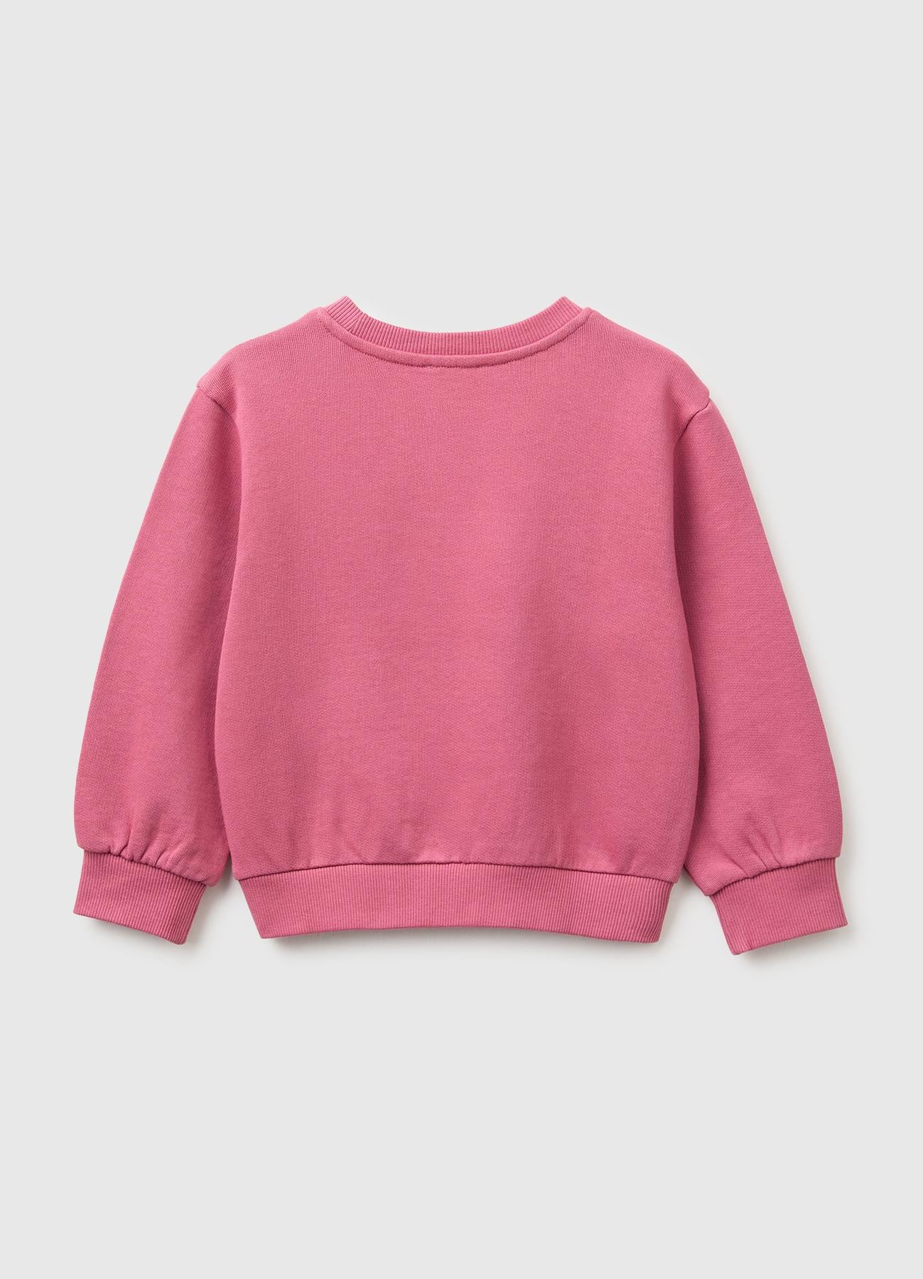 Kız Çocuk Fuşya Önü İşlemeli Uzun Kollu Bisiklet Yaka Sweatshirt