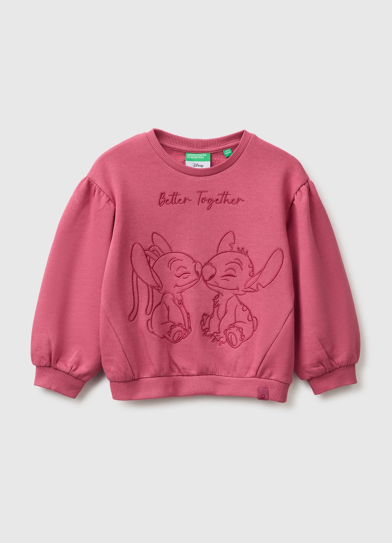 Kız Çocuk Fuşya Önü Lilo&Stitch Baskılı Ribanalı Bisiklet Yaka Sweatshirt