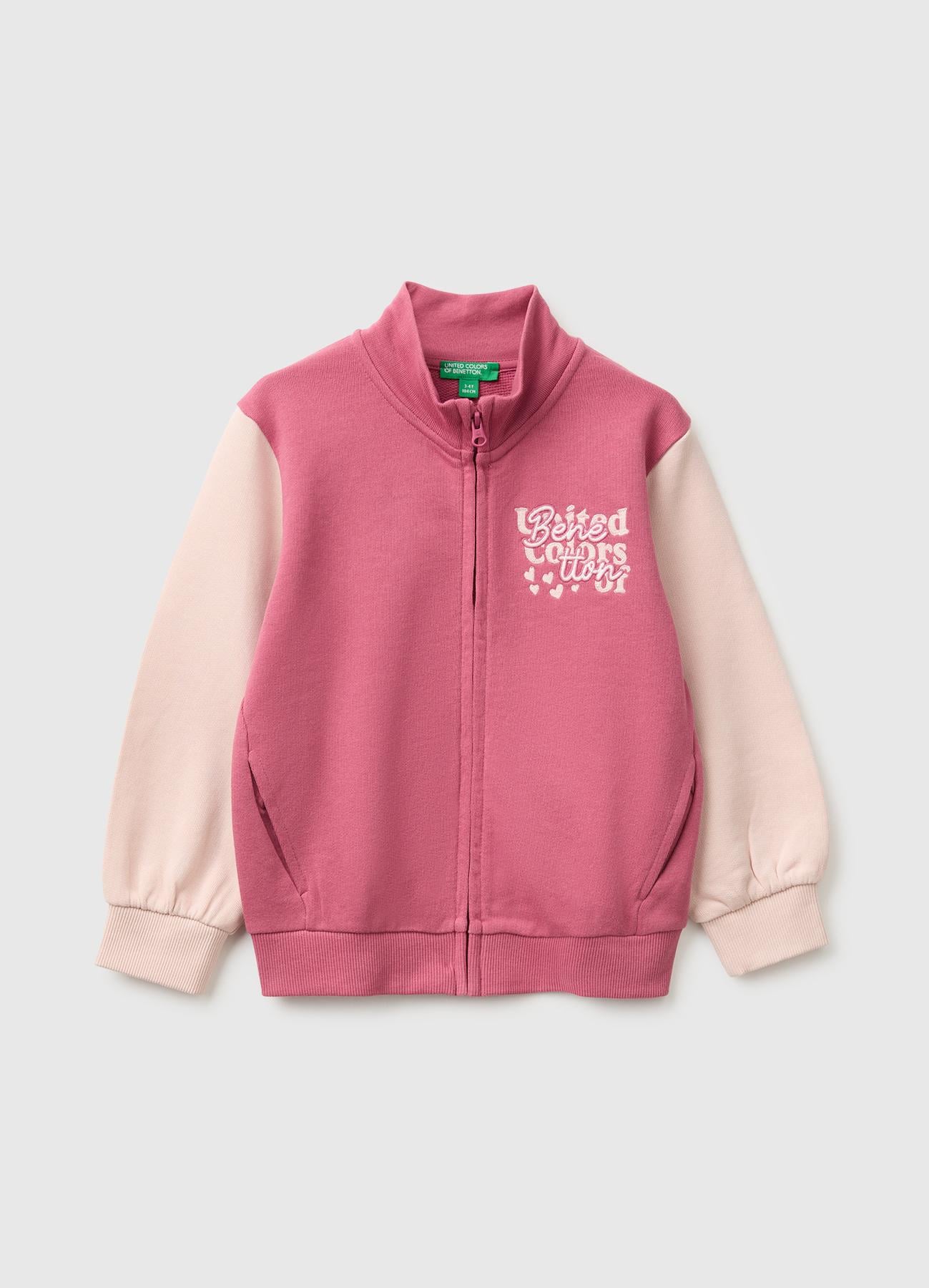 Kız Çocuk Fuşya Önü İşlemeli Ribanalı Boğazlı Fermuarlı Dik Yaka Sweatshirt