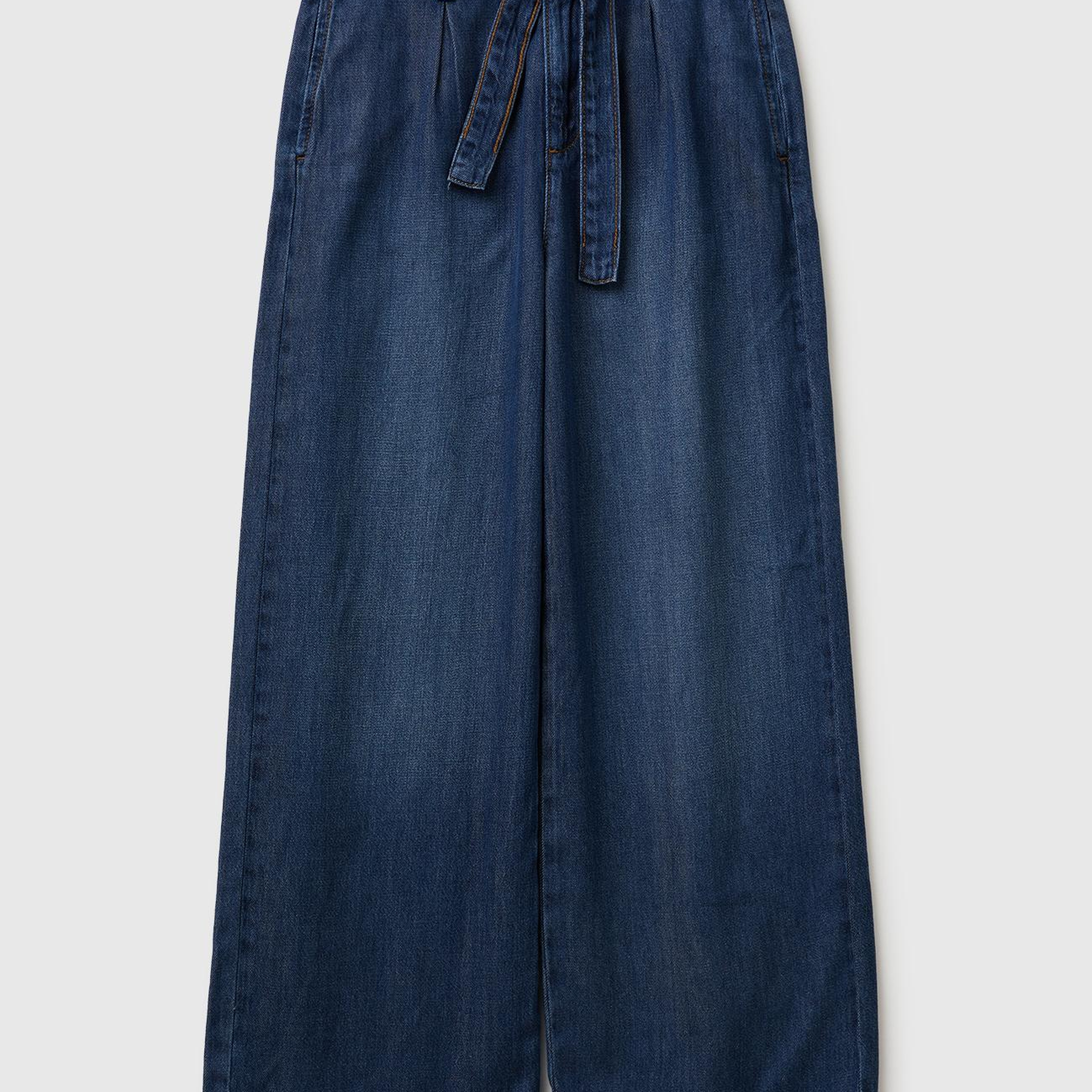 Kız Çocuk Koyu Denim Bol Paça Denim Kemerli Pantolon