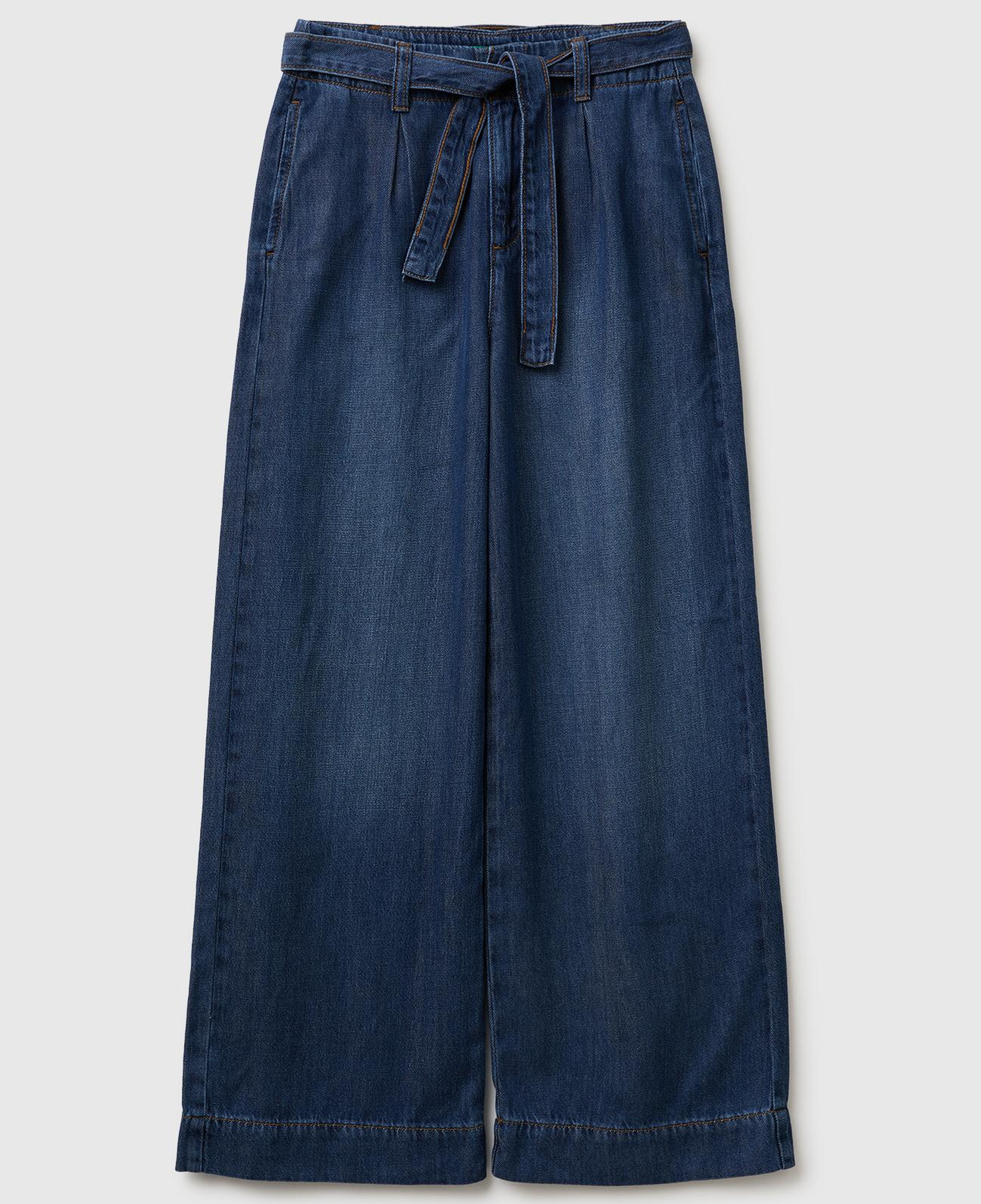 Kız Çocuk Koyu Denim Bol Paça Denim Kemerli Pantolon
