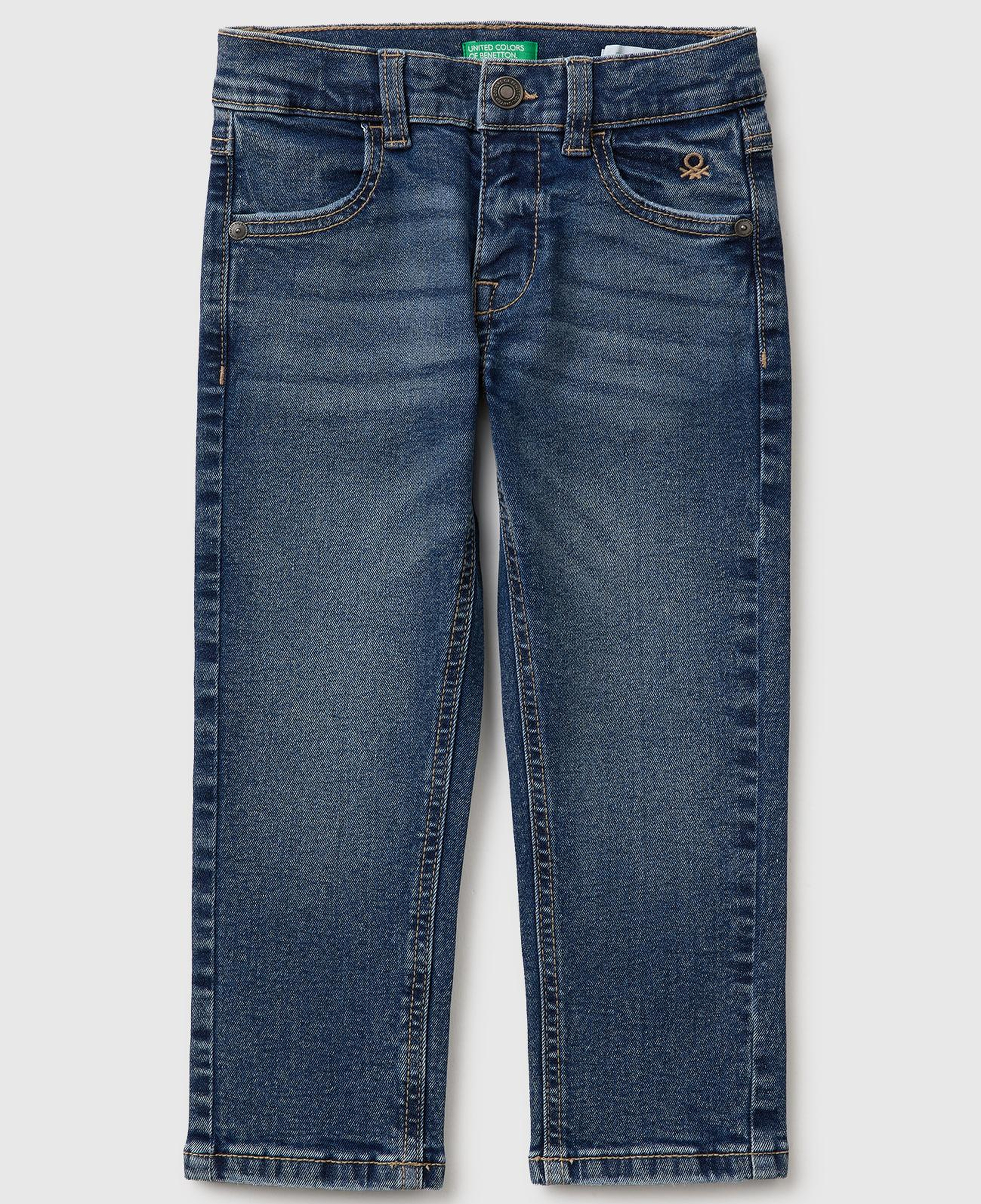 Erkek Çocuk Koyu Denim Önü Logo İşlemeli Slim Fit Cepli Denim Pantolon