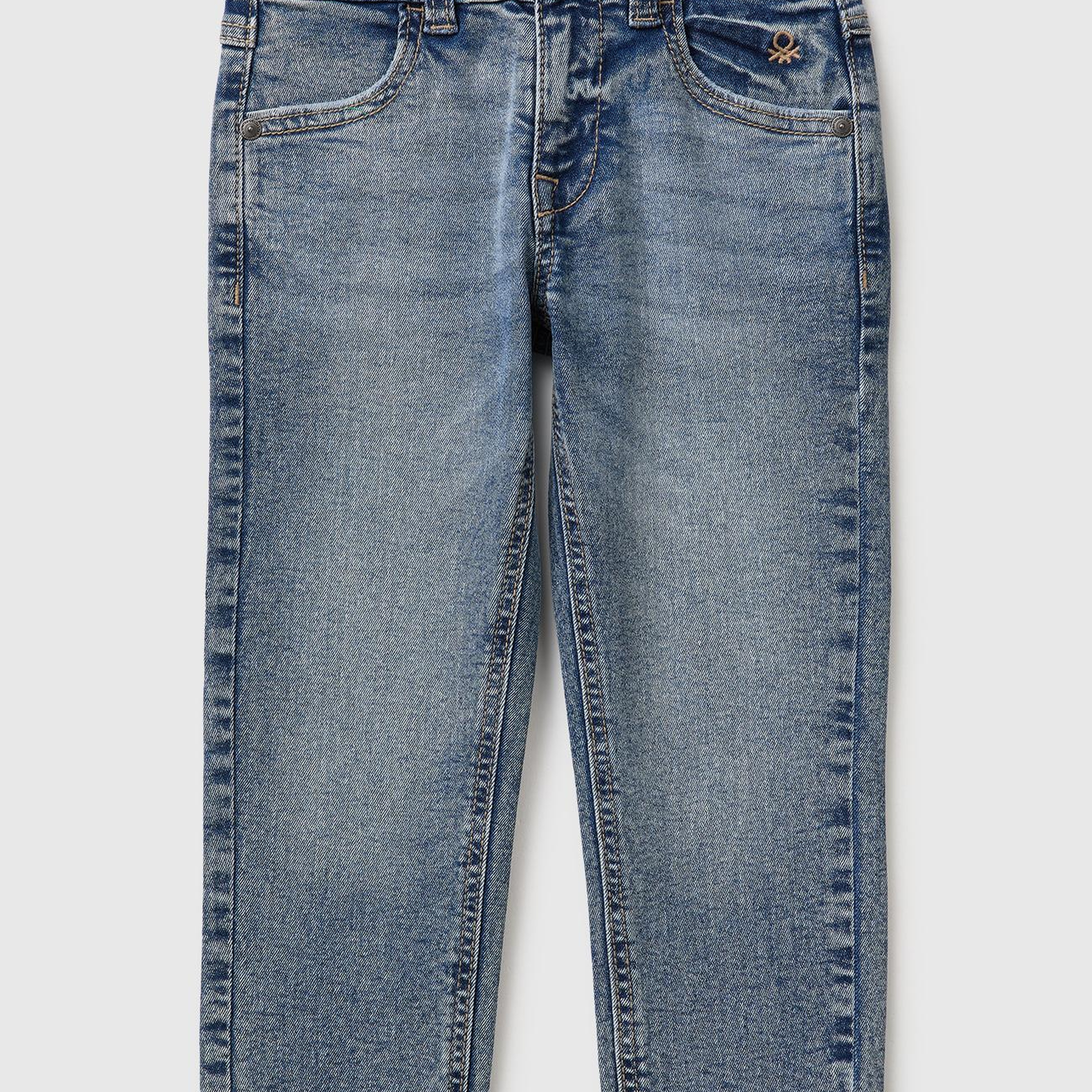 Erkek Çocuk Açık Denim Önü Logo İşlemeli Slim Fit Cepli Denim Pantolon
