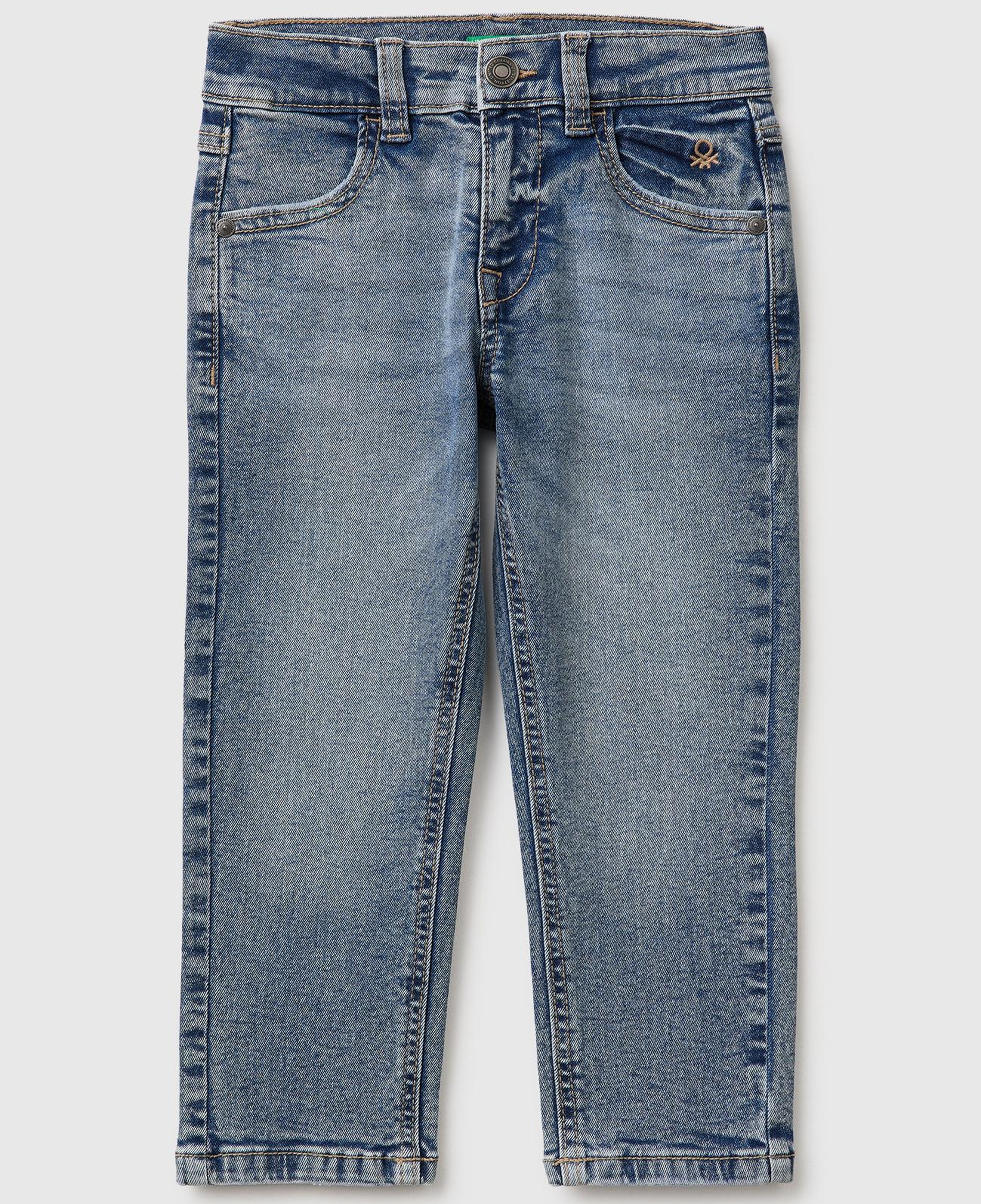 Erkek Çocuk Açık Denim Önü Logo İşlemeli Slim Fit Cepli Denim Pantolon