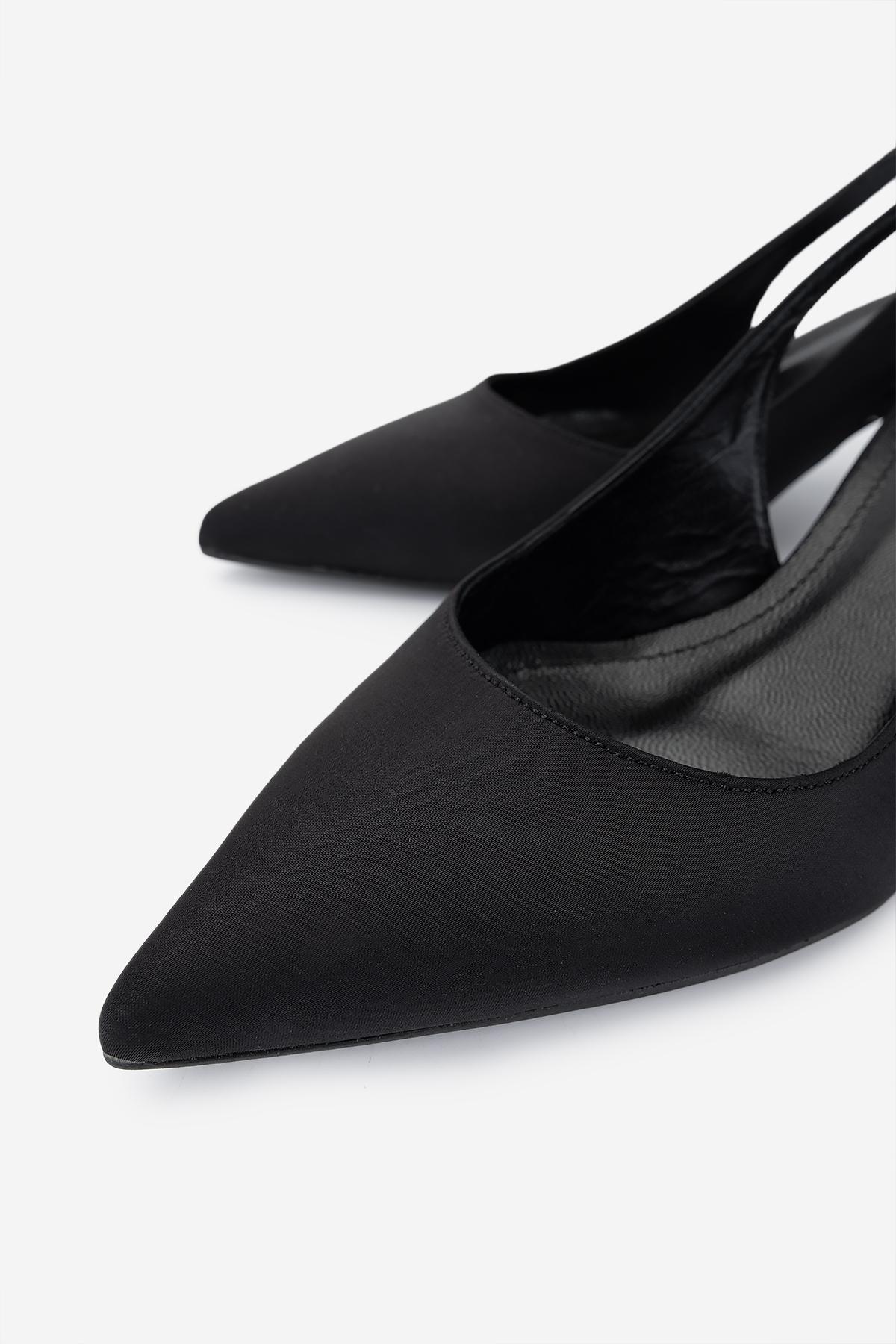 Valmenti Kadın Suni Deri Siyah Saten Slingback Ayakkabı