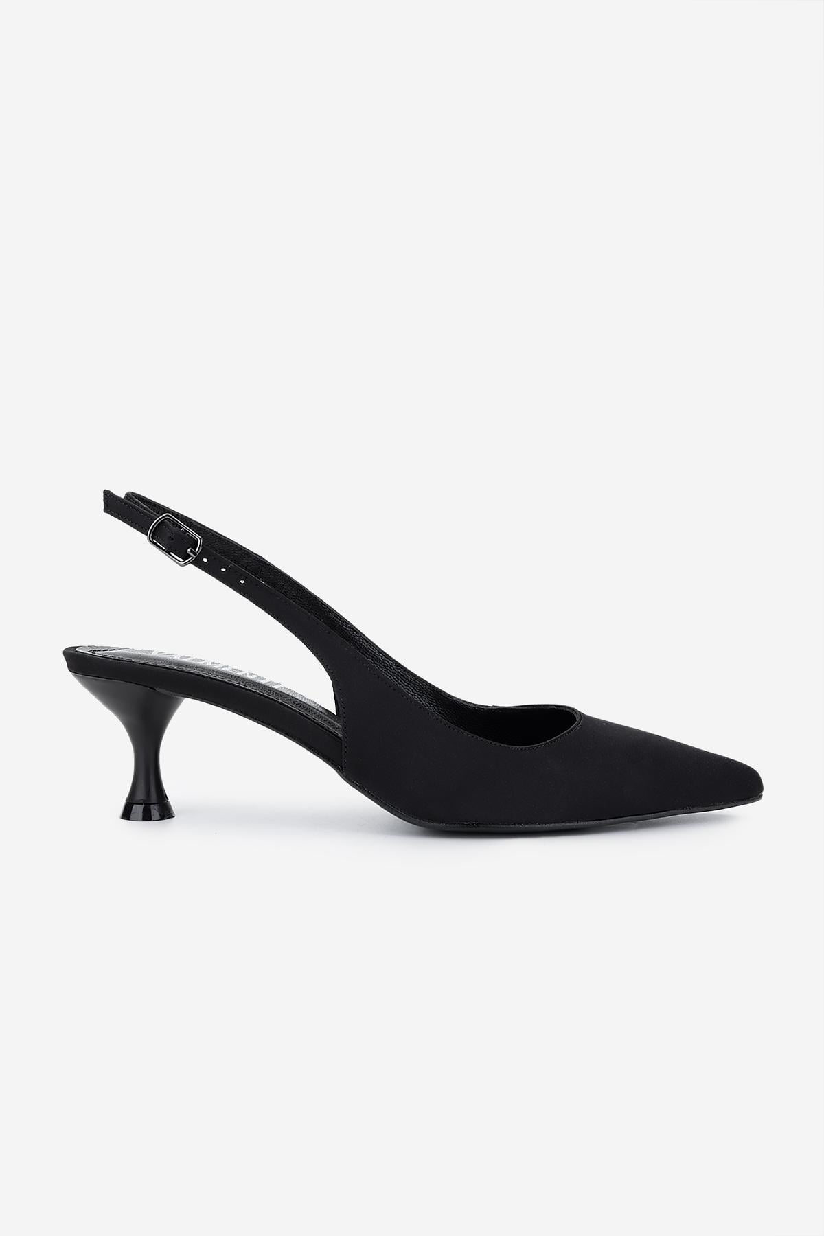 Valmenti Kadın Suni Deri Siyah Saten Slingback Ayakkabı