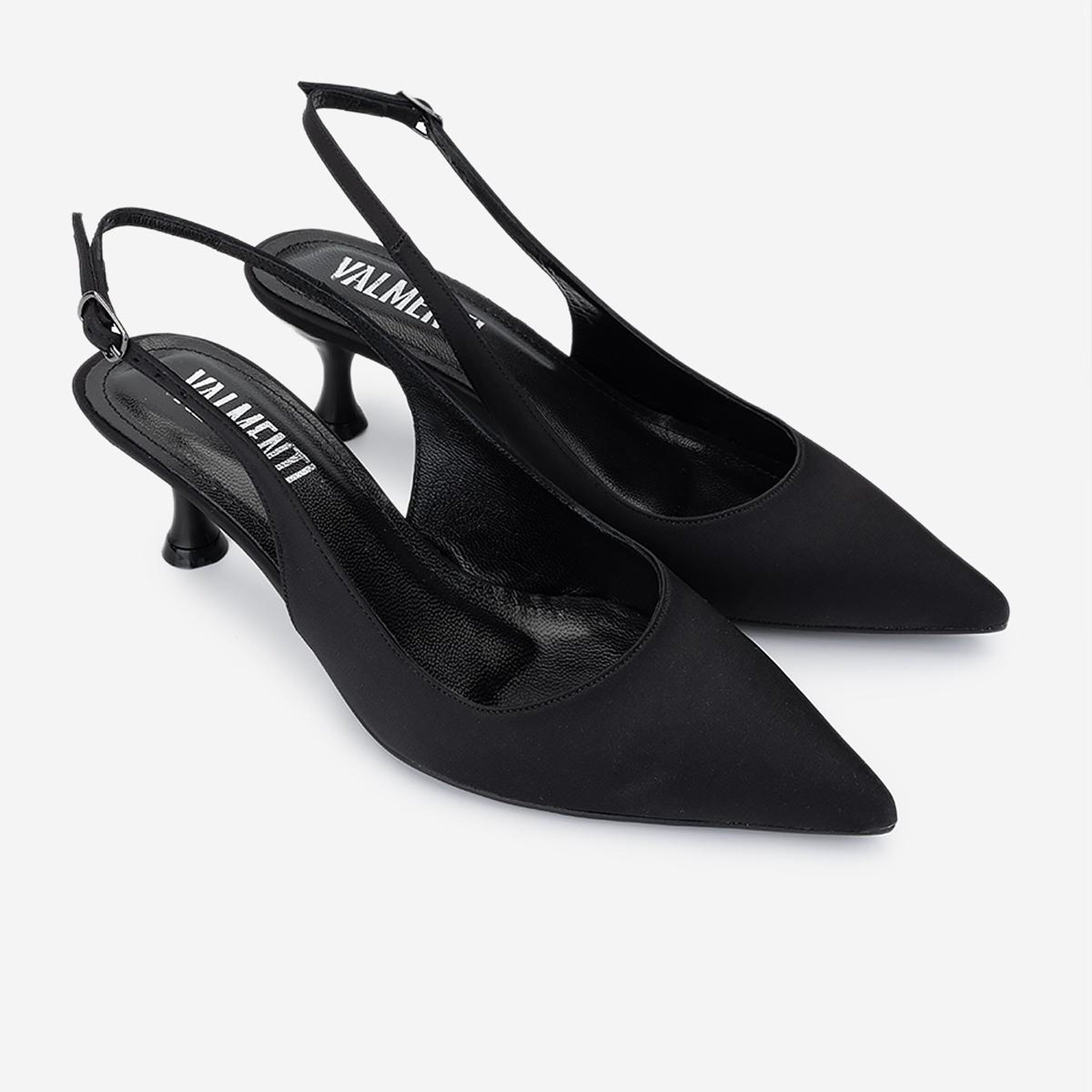Valmenti Kadın Suni Deri Siyah Saten Slingback Ayakkabı