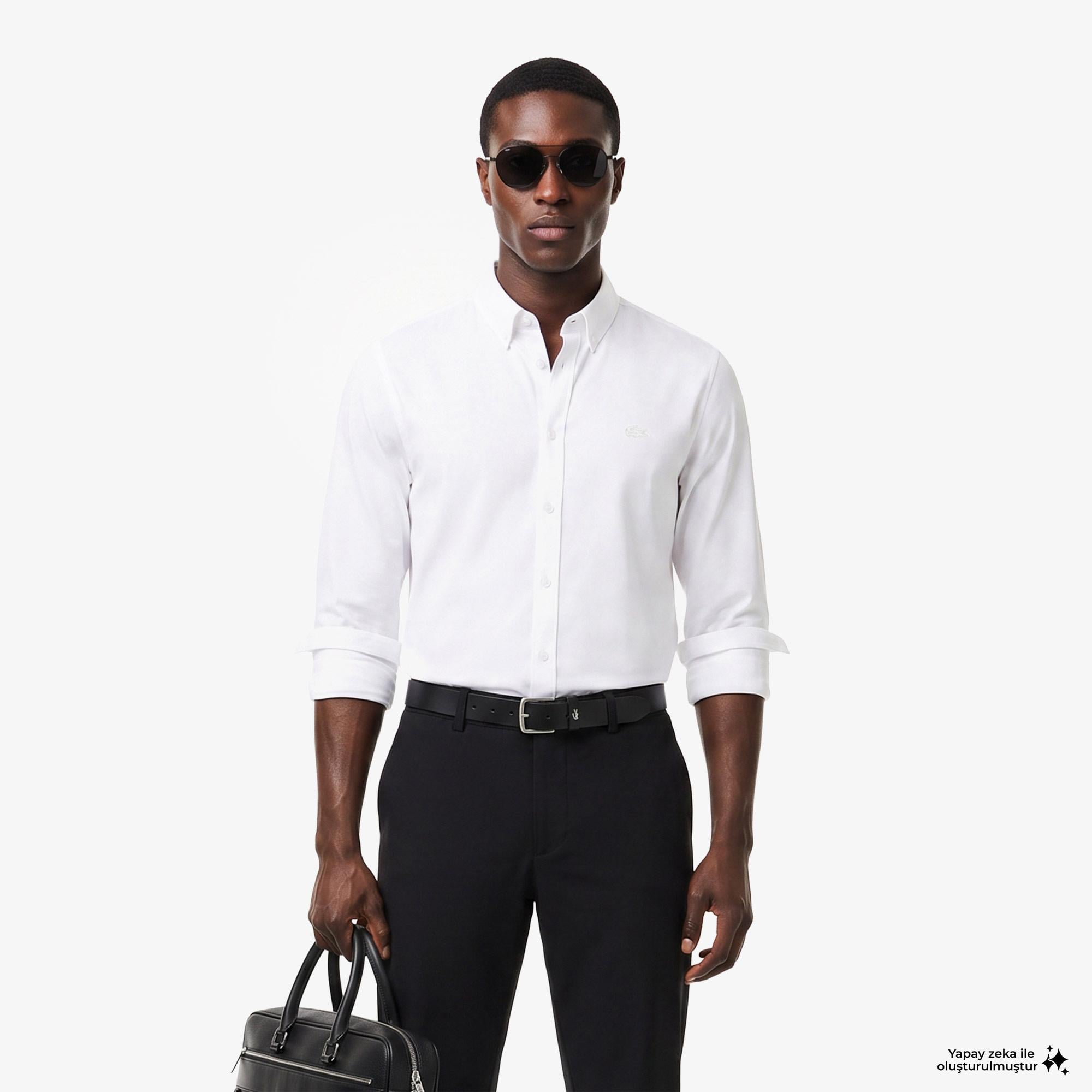Erkek Slim Fit Düğmeli Yaka Beyaz Gömlek