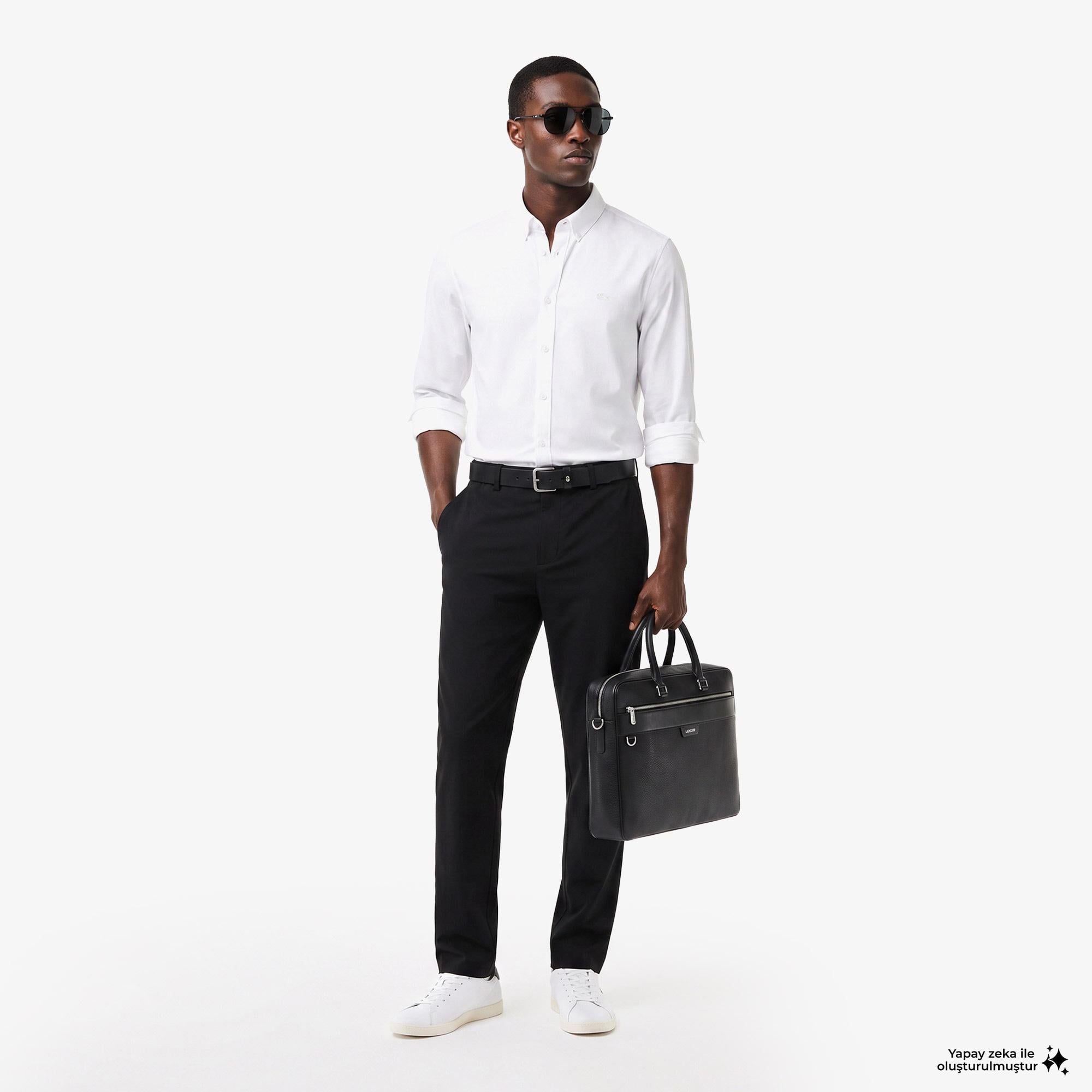 Erkek Slim Fit Düğmeli Yaka Beyaz Gömlek