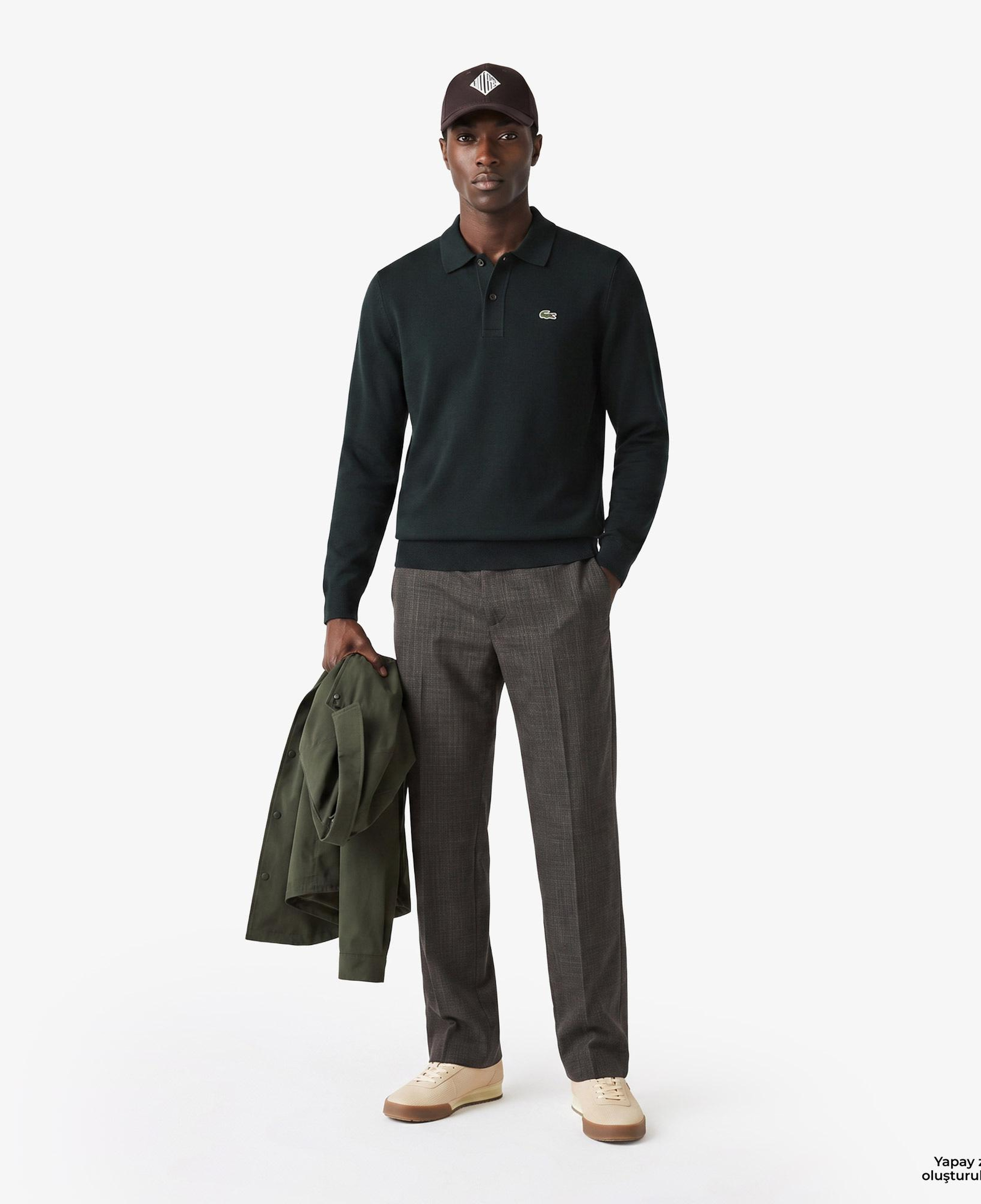 Erkek Classic Fit Polo Yaka Koyu Yeşil Kazak