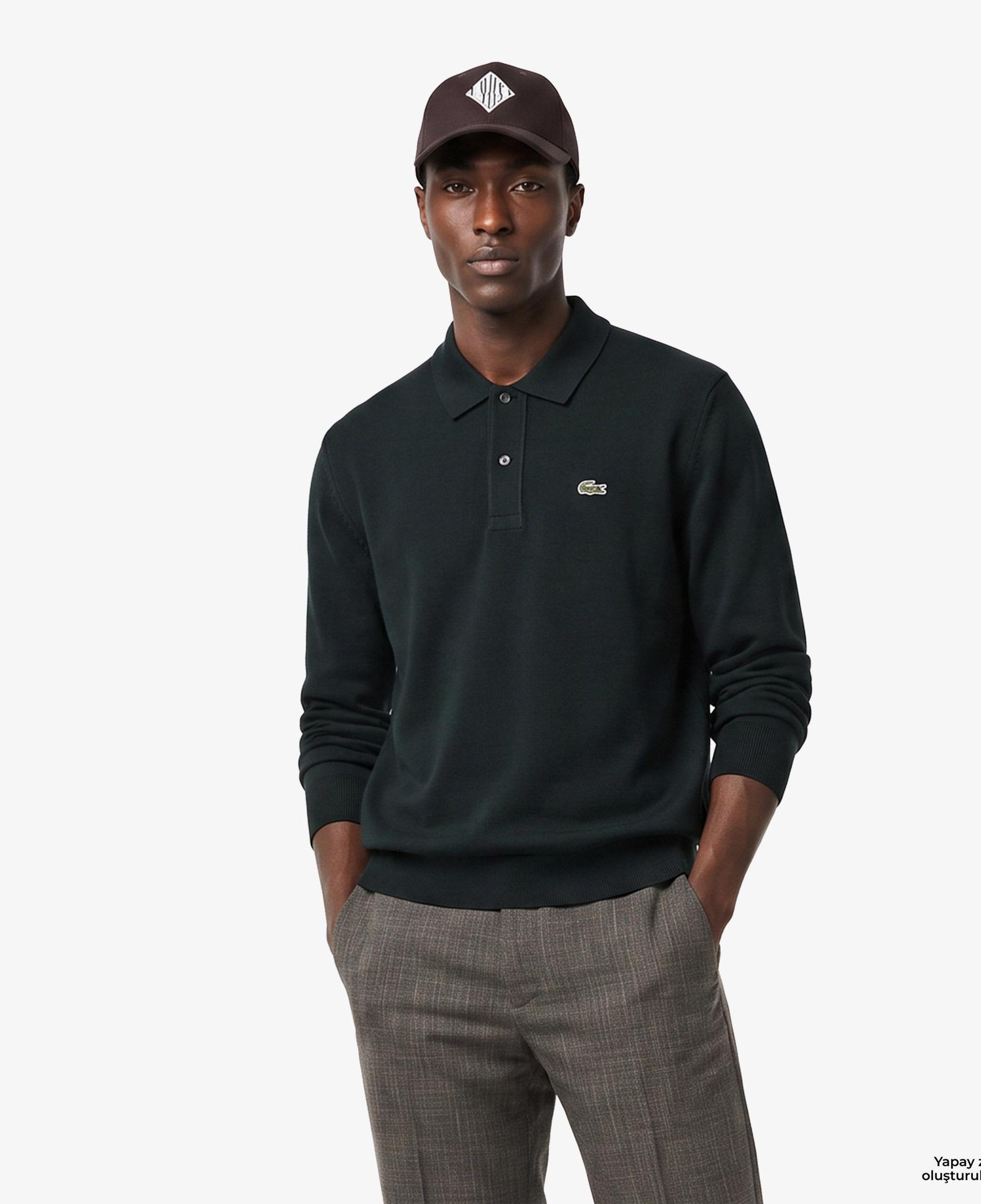 Erkek Classic Fit Polo Yaka Koyu Yeşil Kazak