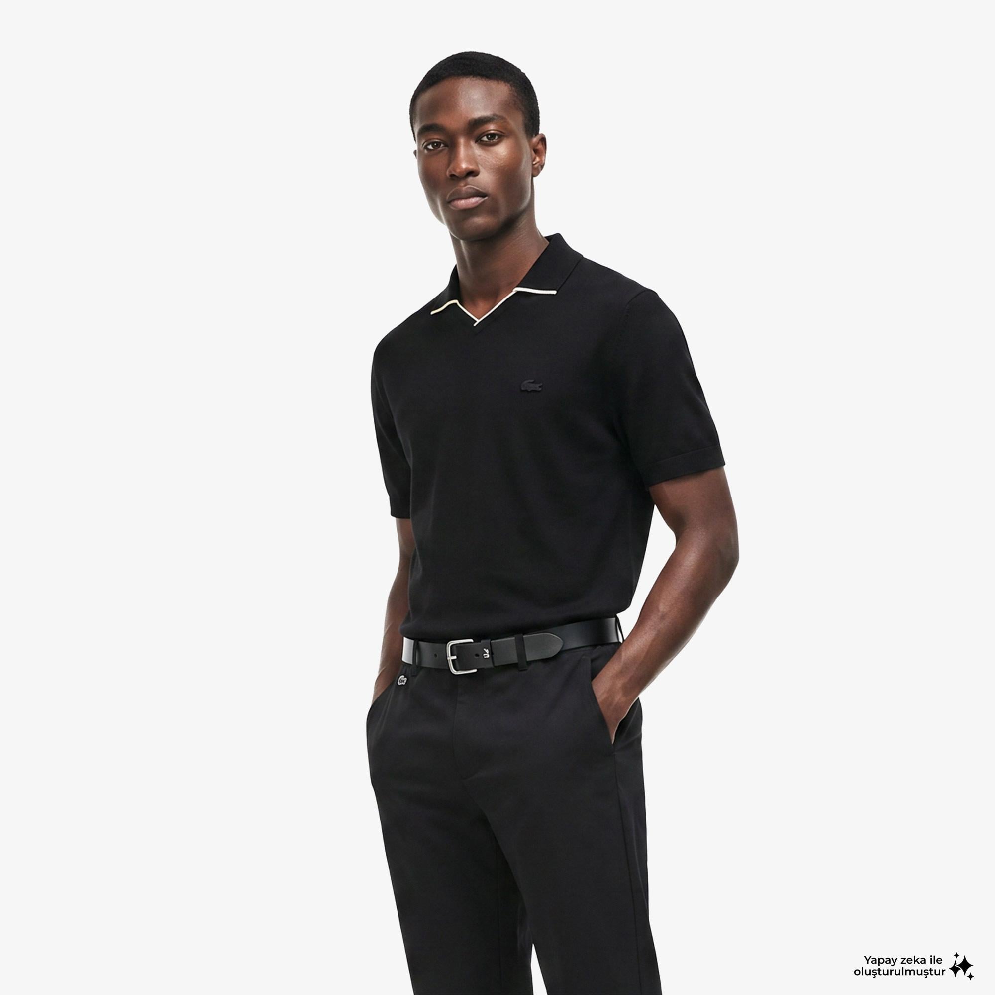 Erkek Regular Fit Kısa Kollu Polo Yaka Yün Siyah Triko