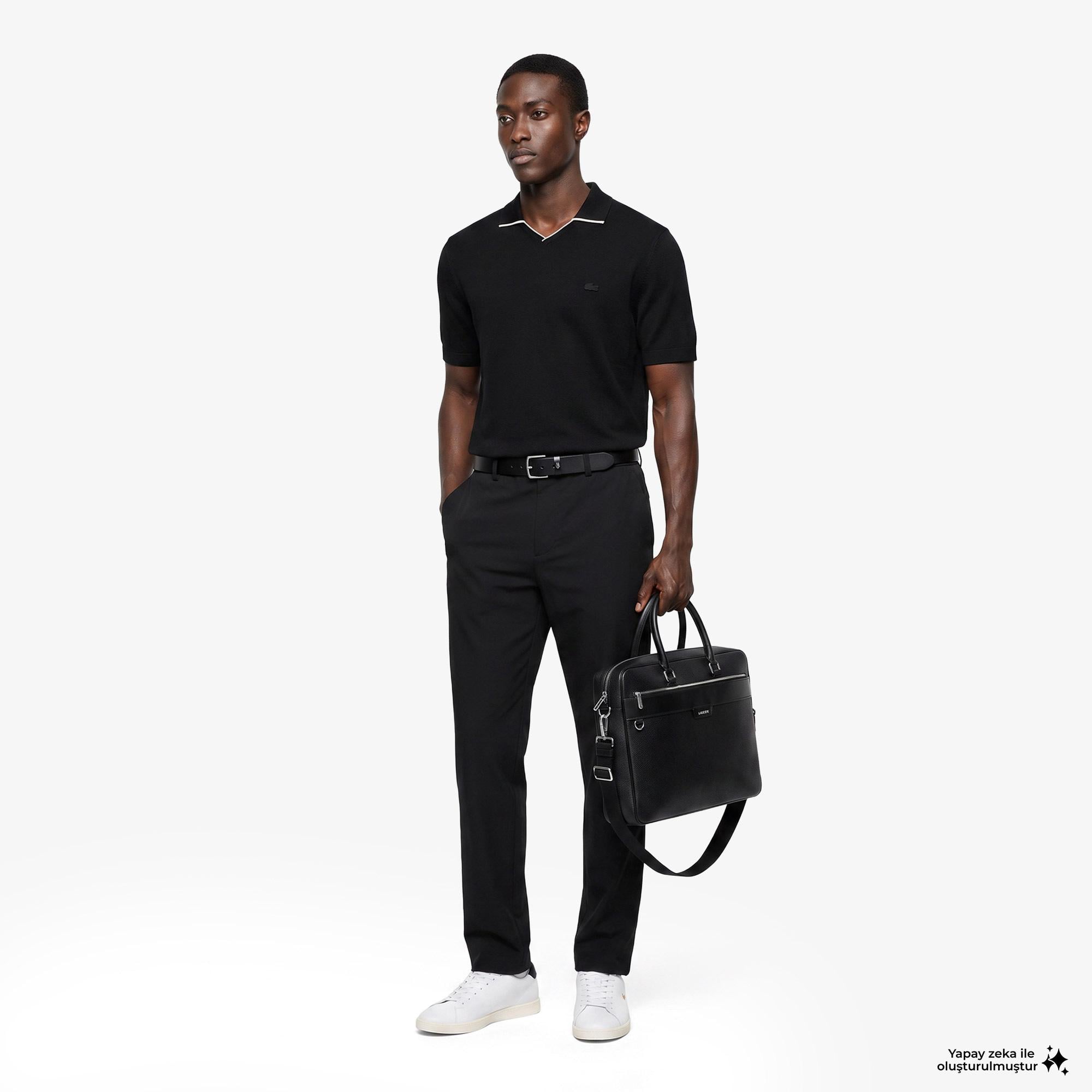 Erkek Regular Fit Kısa Kollu Polo Yaka Yün Siyah Triko