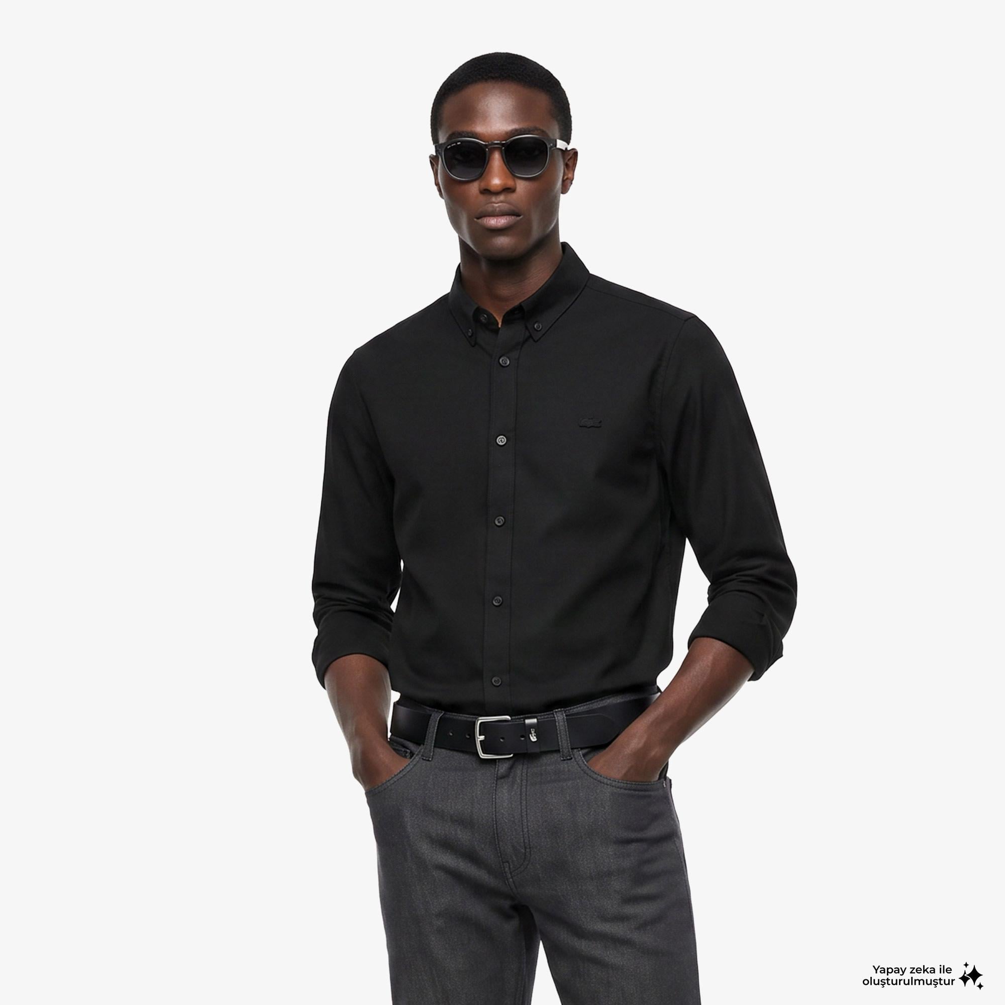Erkek Slim Fit Düğmeli Yaka Siyah Gömlek