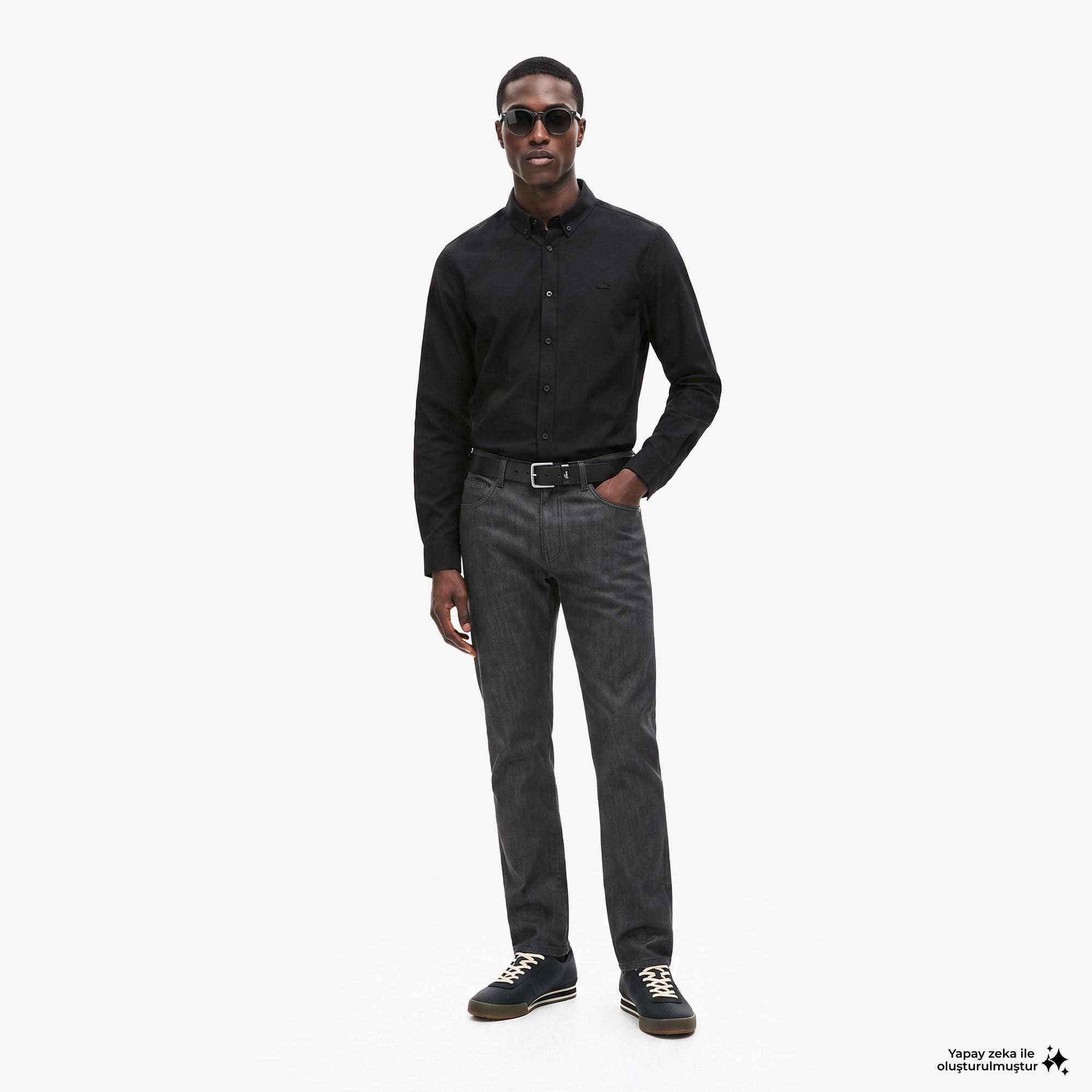 Erkek Slim Fit Düğmeli Yaka Siyah Gömlek