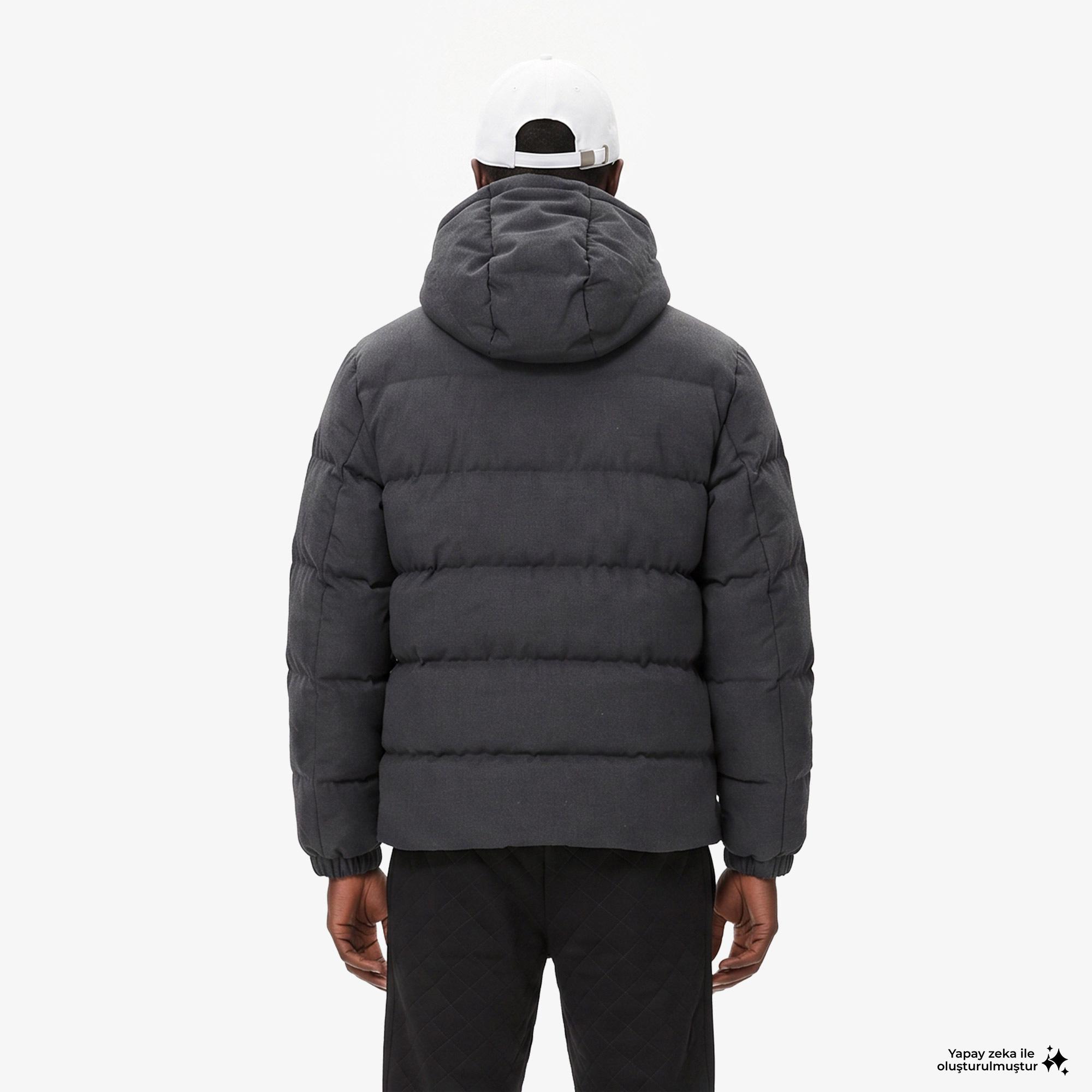 Erkek Classic Fit Kapüşonlu Gri Şişme Mont