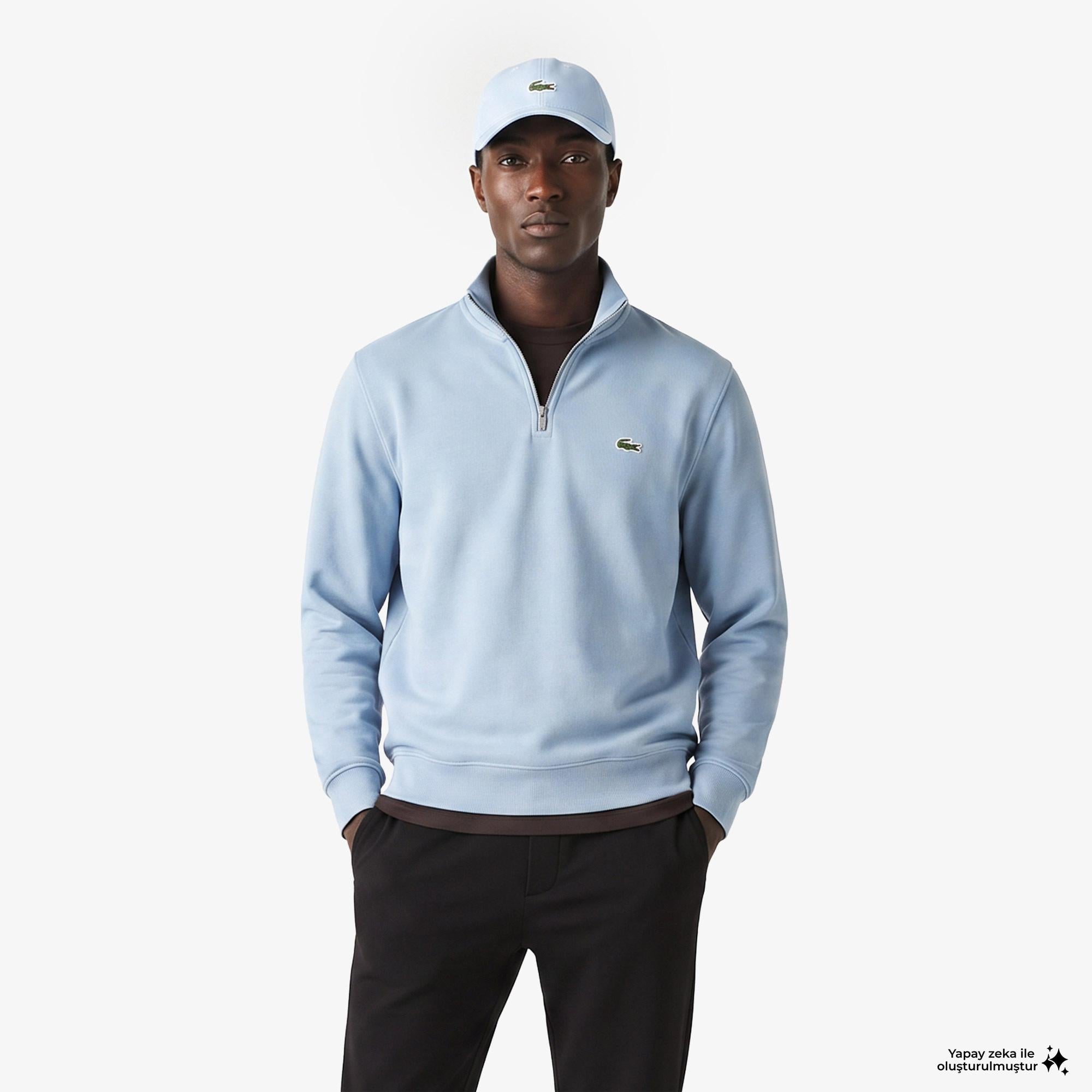 Erkek Regular Fit Yarım Fermuarlı Mavi Sweatshirt